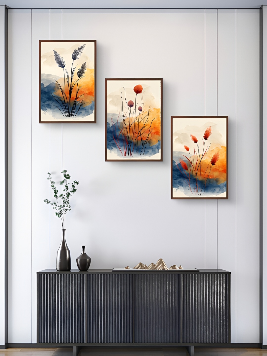 

999Store Orange & Blue 3Pcs Floral And Botanical Wall Paintings
