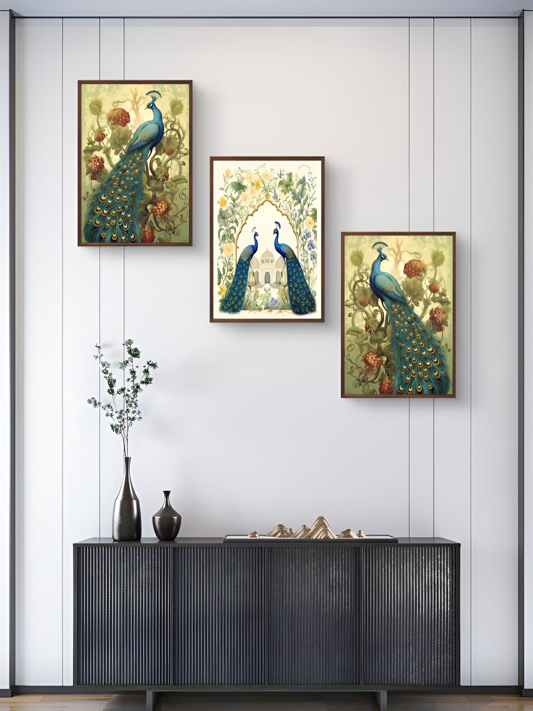 

999Store Green & Cream 3 Pieces Birds And Animals Wall Arts