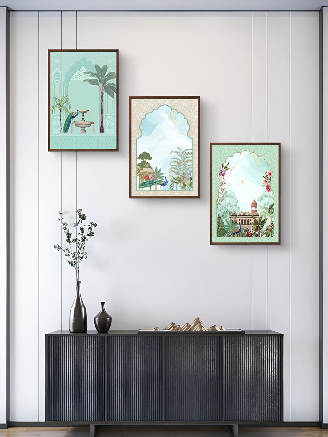 

999Store Green & White 3Pcs Birds And Animals Wall Paintings