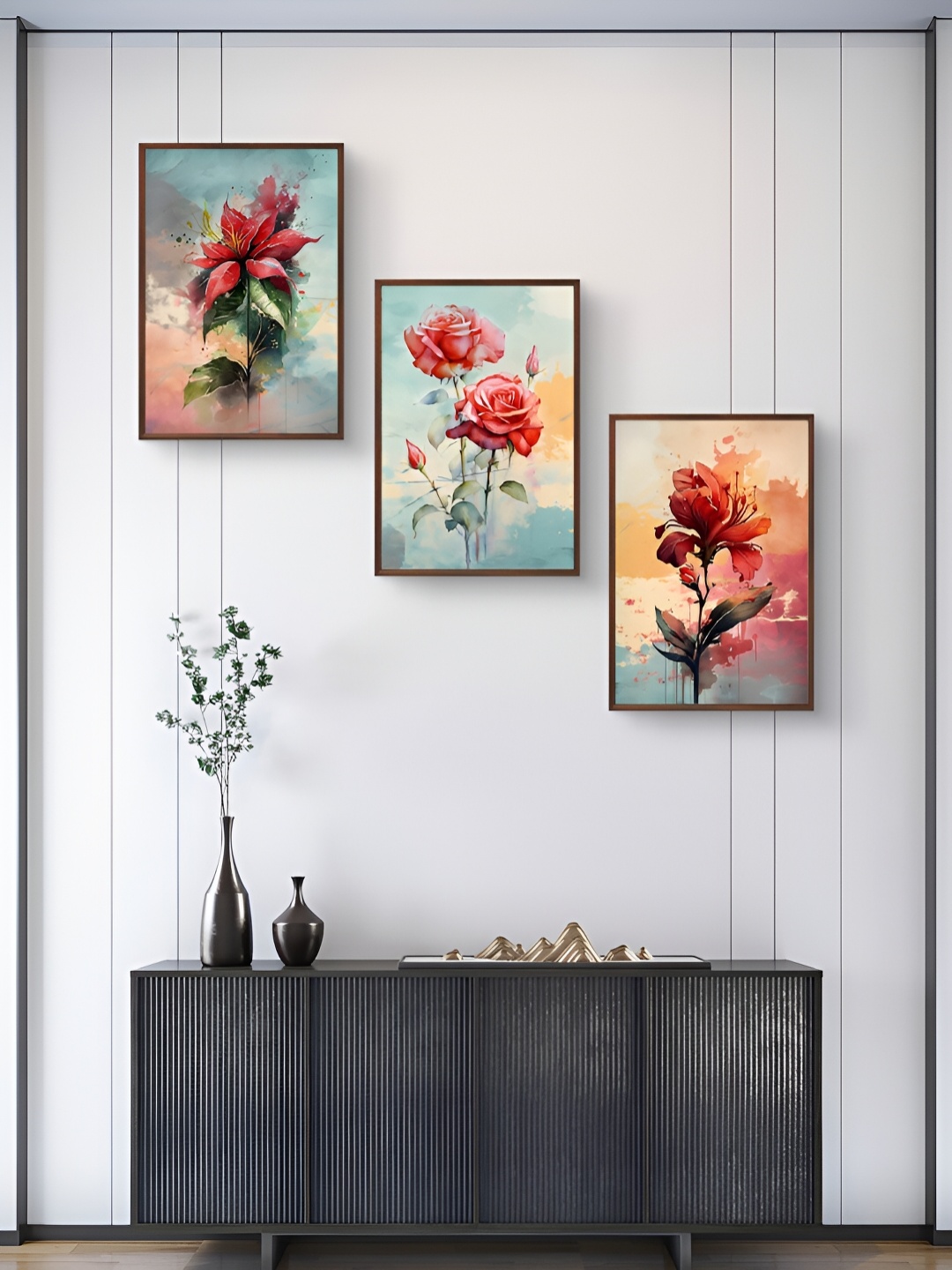 

999Store Pink & Red 3Pcs Floral And Botanical Wall Paintings