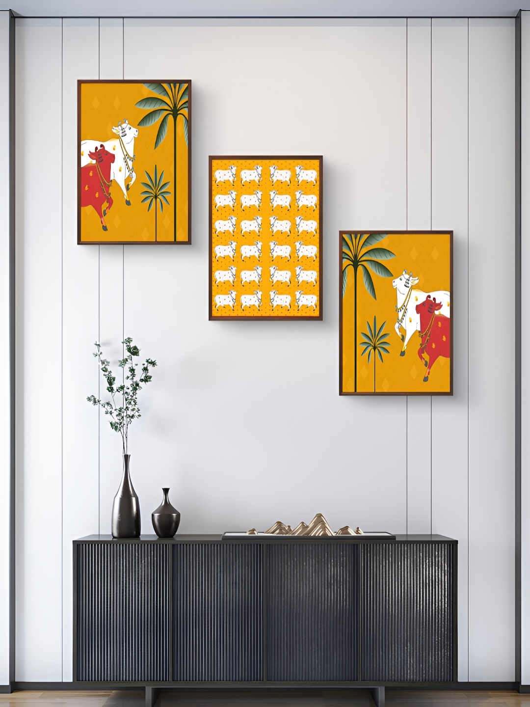 

999Store Yellow & White 3Pcs Birds And Animals Wall Paintings