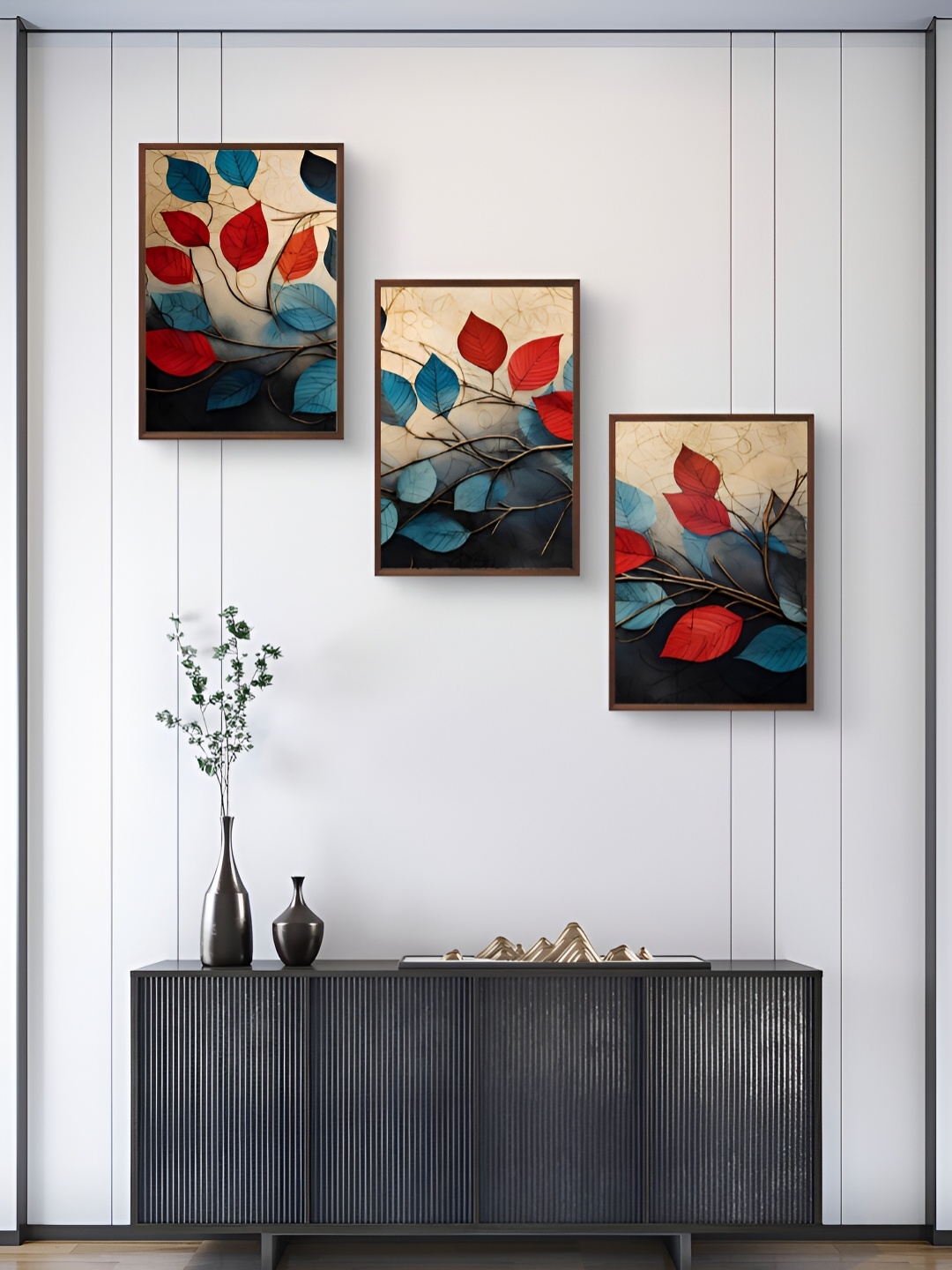 

999Store Blue & Red 3Pcs Floral And Botanical Wall Paintings