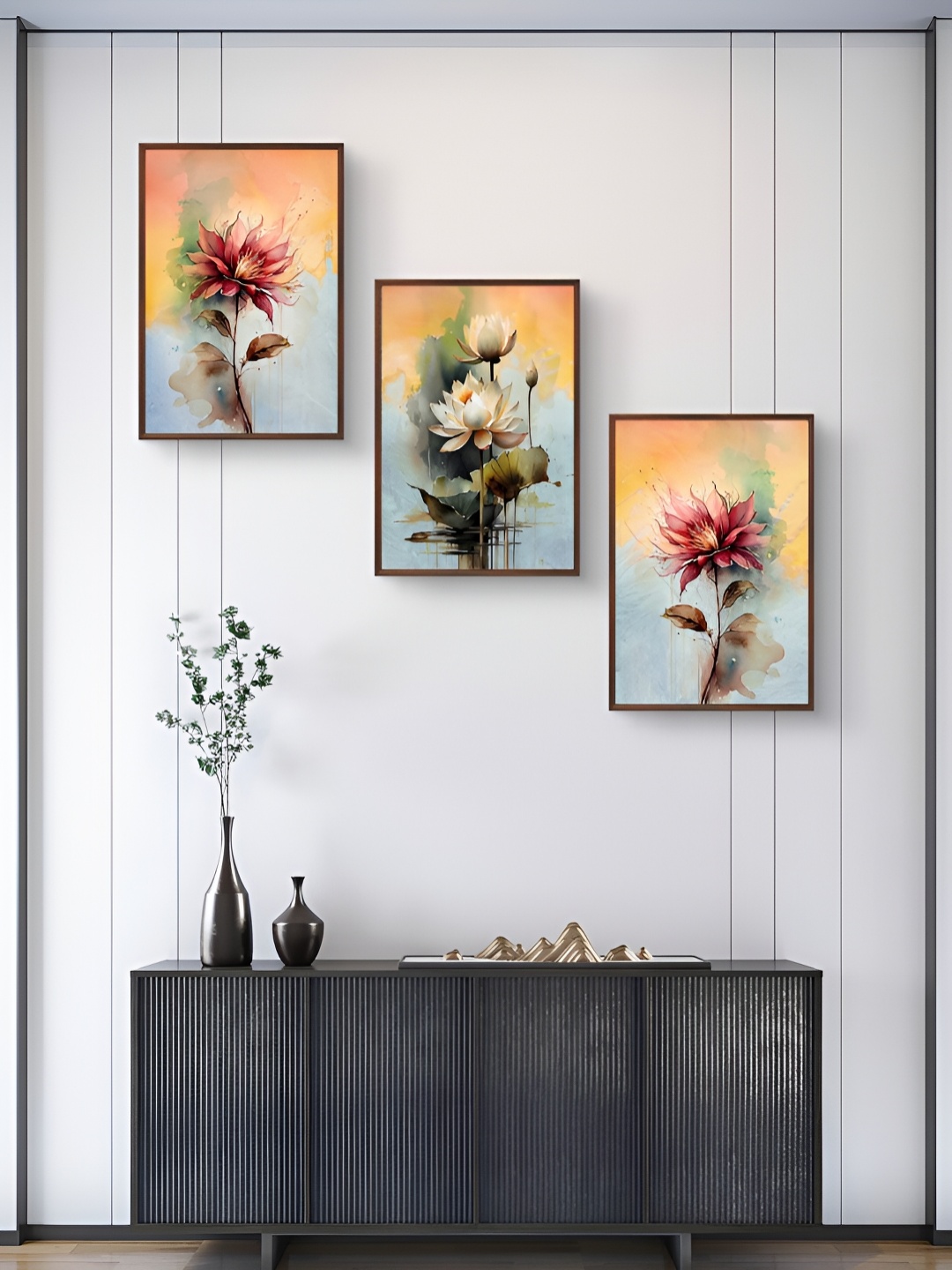 

999Store Blue & Orange 3 Pieces Floral And Botanical Wall Arts