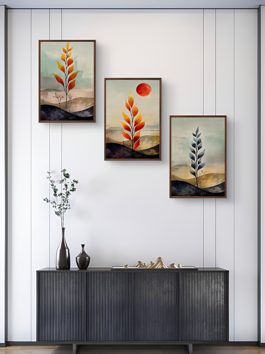 

999Store Orange & Brown 3Pcs Floral And Botanical Wall Paintings