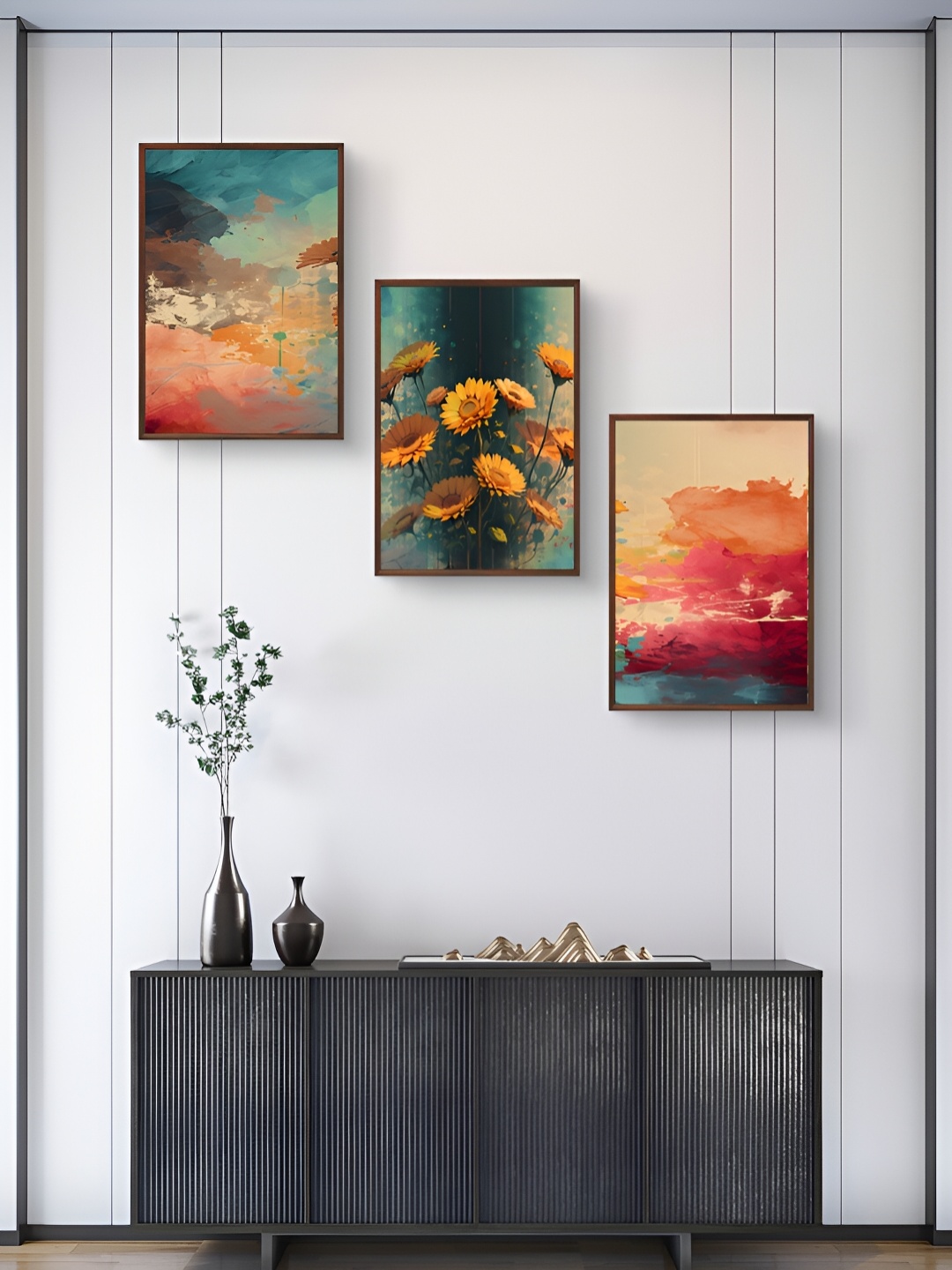 

999Store Green & Pink 3Pcs Floral And Botanical Wall Paintings