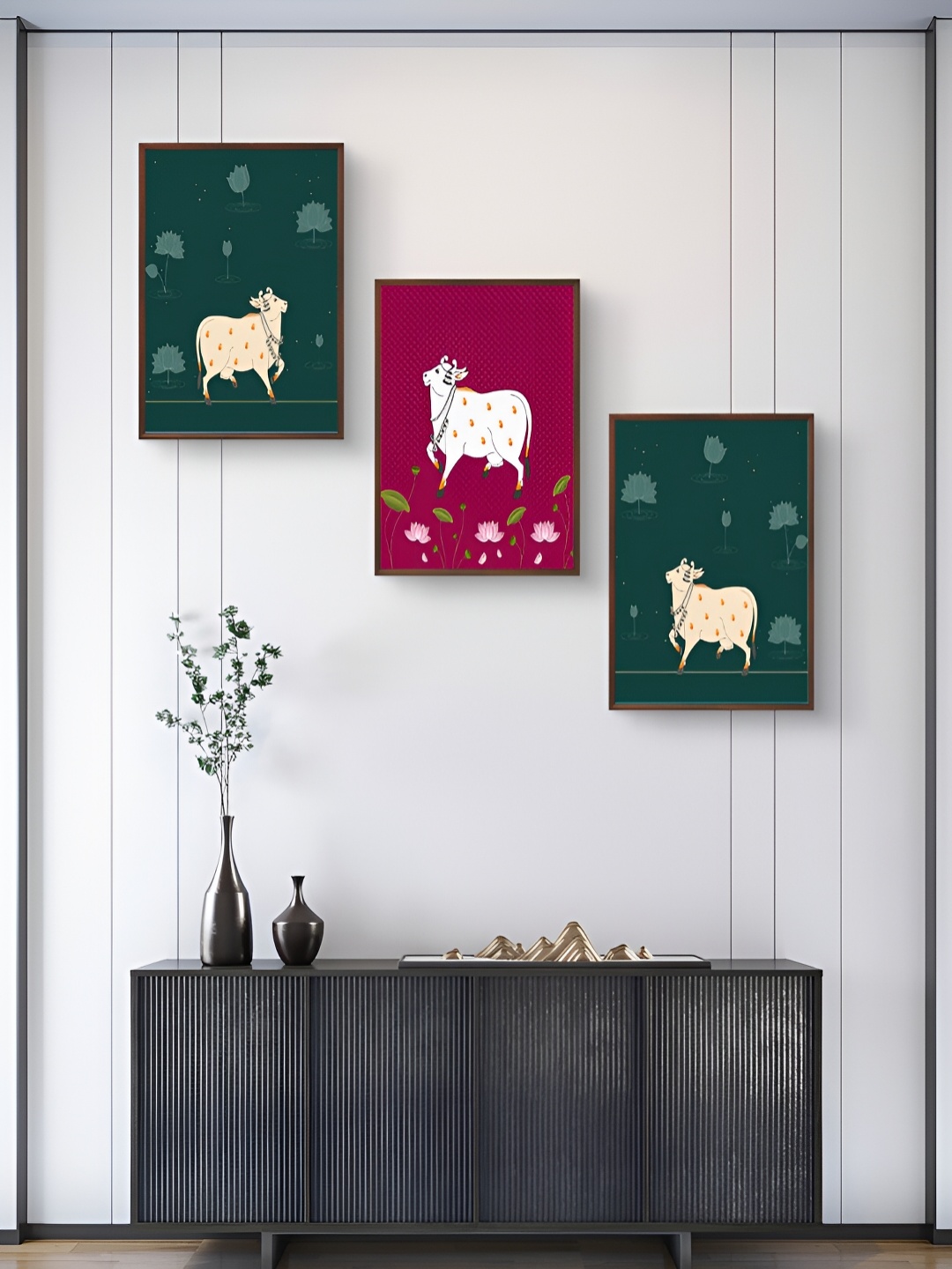 

999Store Green & Pink 3 Pieces Birds And Animals Wall Arts