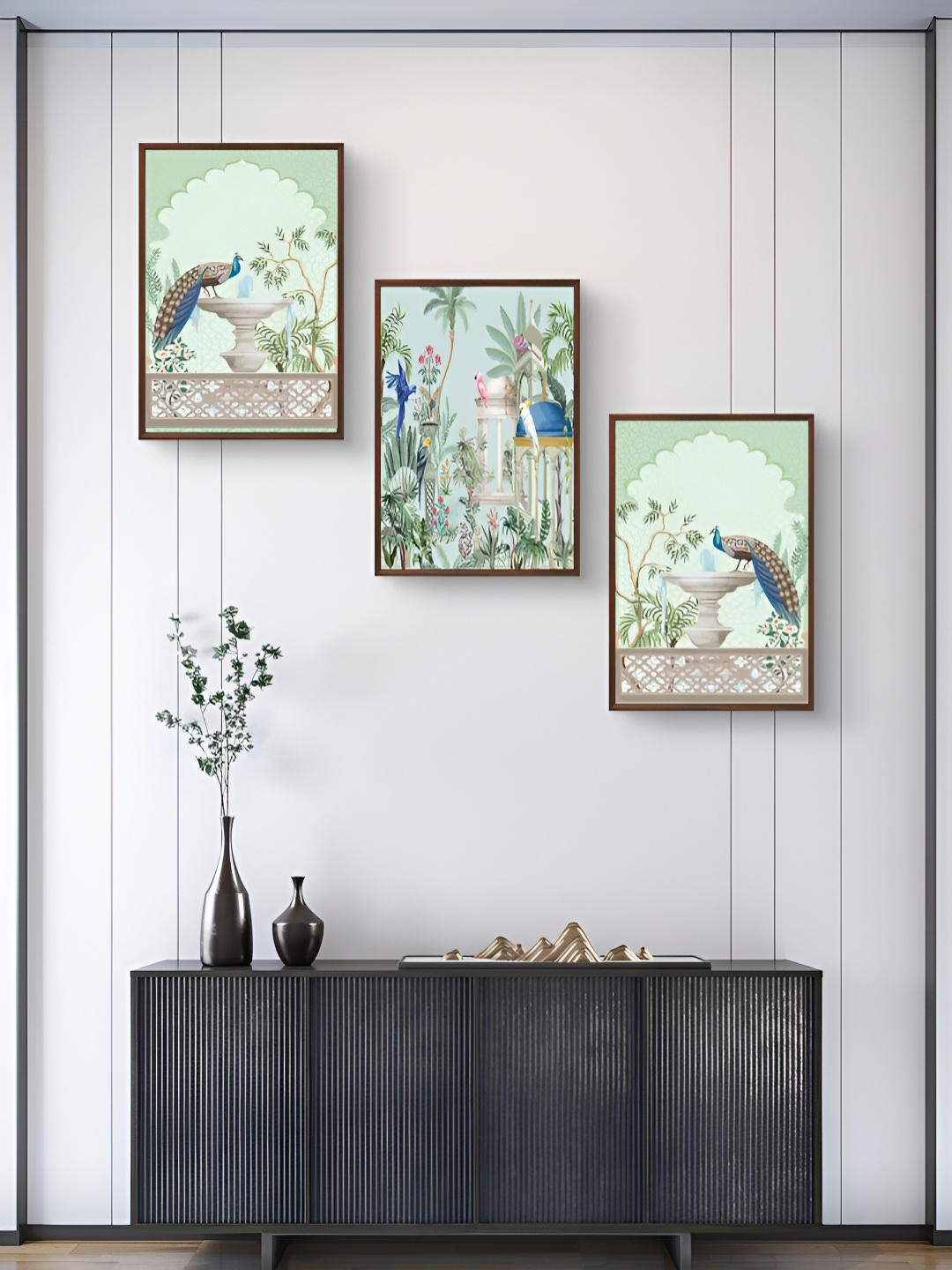

999Store Green & Blue 3Pcs Birds And Animals Wall Paintings