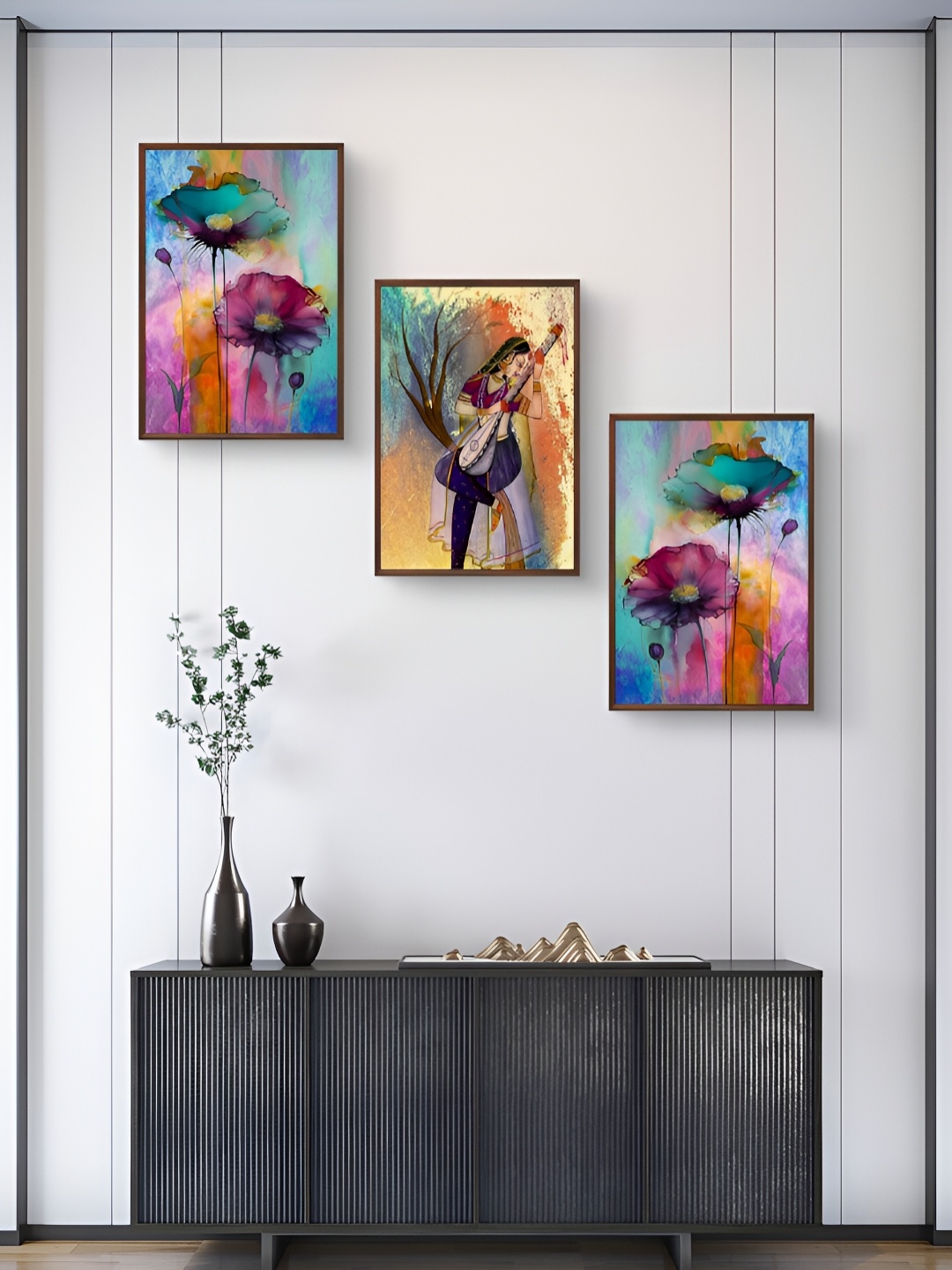 

999Store Green & Pink 3 Pieces Floral and Botanical Painting Wall Arts