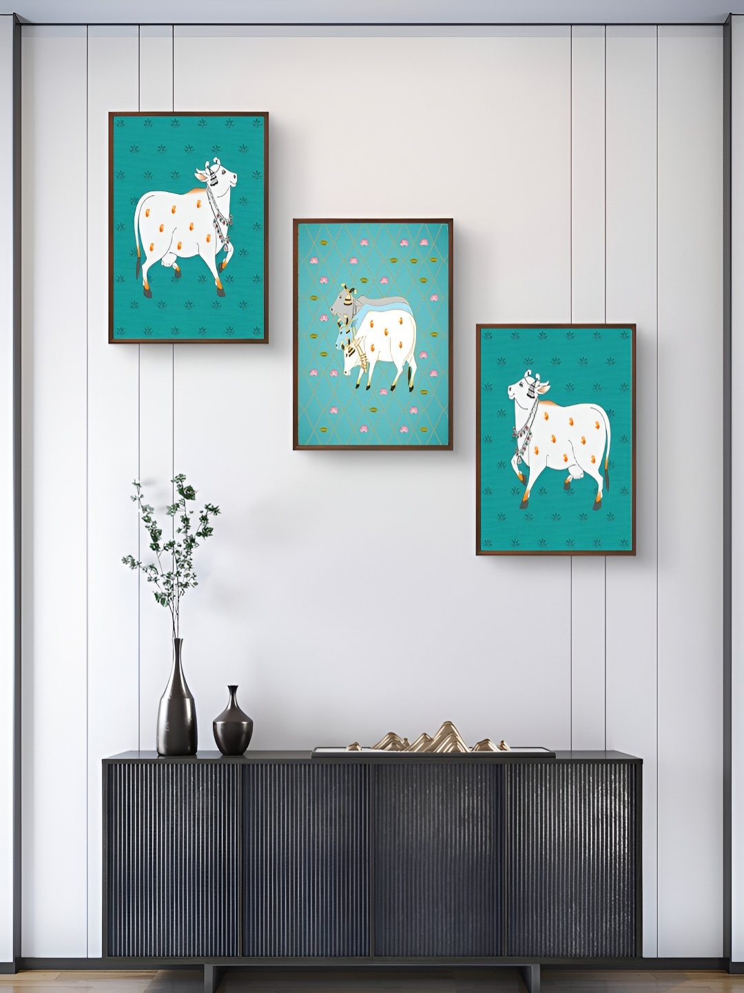 

999Store Green & White 3Pcs Birds And Animals Wall Paintings