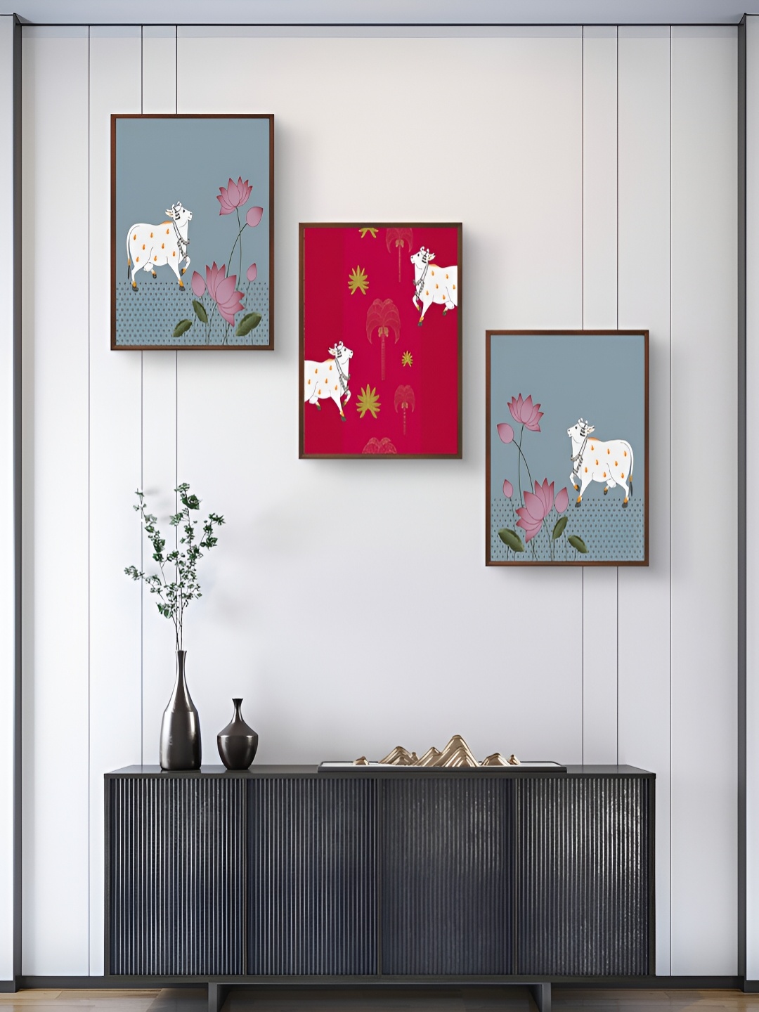 

999Store Grey & Pink 3 Pieces Birds And Animals Wall Arts