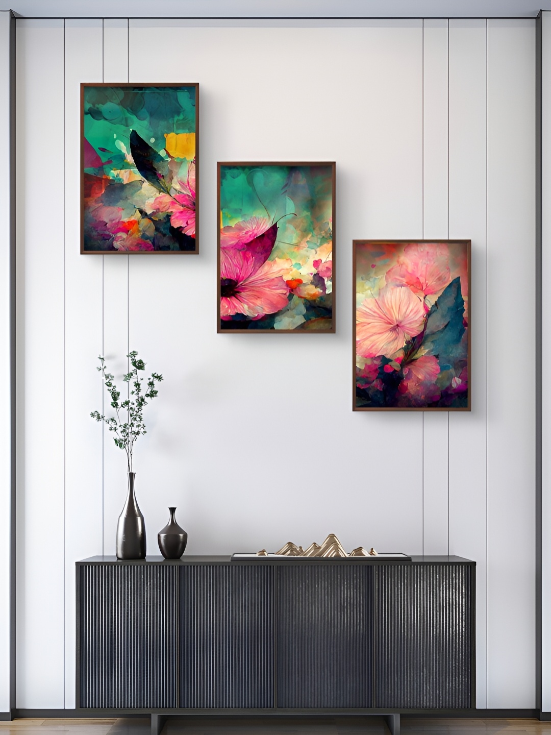 

999Store Green & Pink 3Pcs Paper Floral And Botanical Wall Paintings