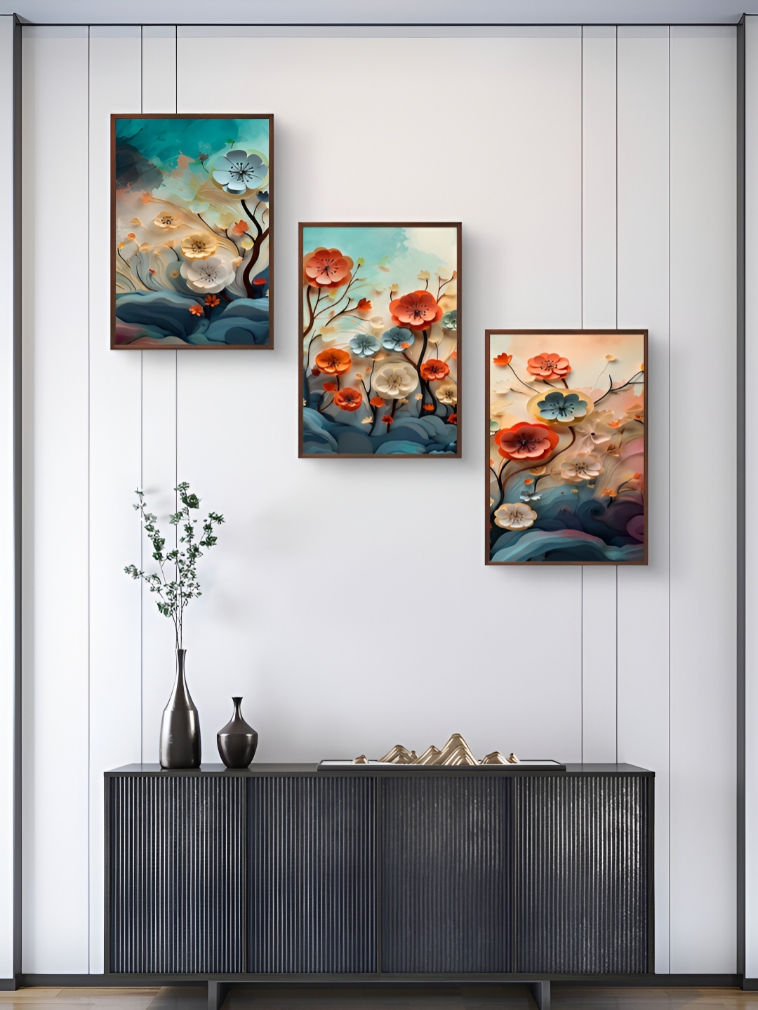 

999Store Green & Orange 3Pcs Floral And Botanical Wall Paintings