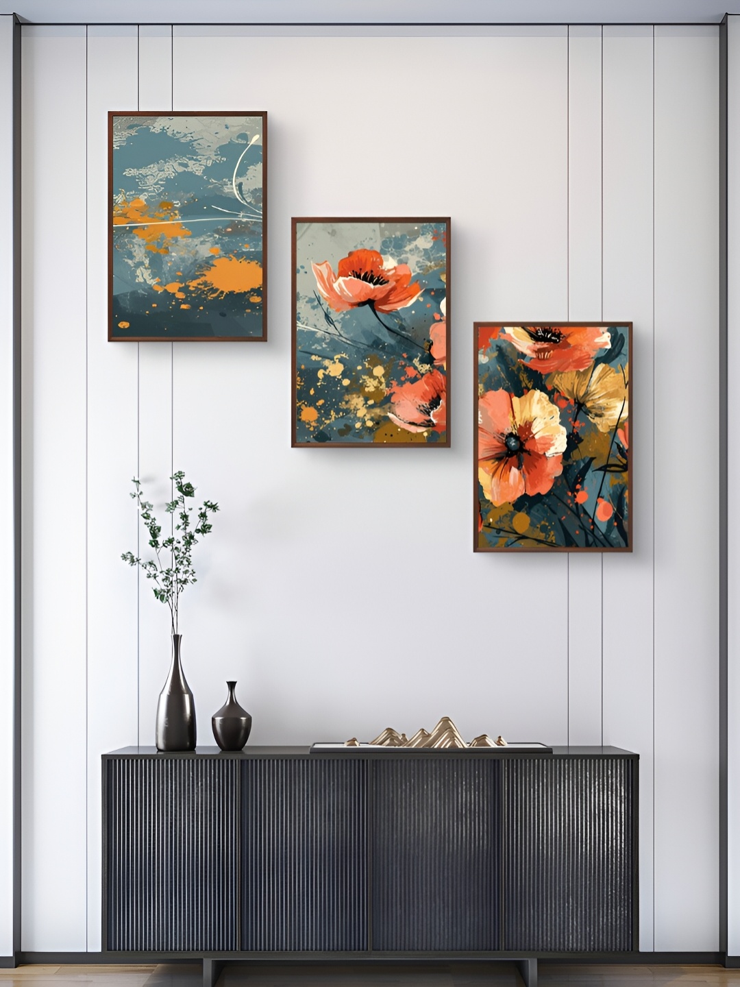 

999Store Blue & Red 3 Pieces Floral And Botanical Wall Arts