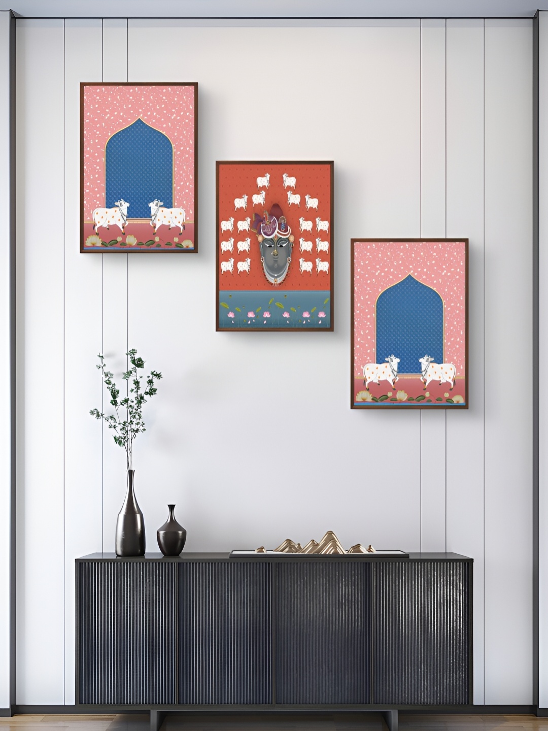 

999Store Pink & Blue 3Pcs Cow With Shrinath Ji Wall Paintings