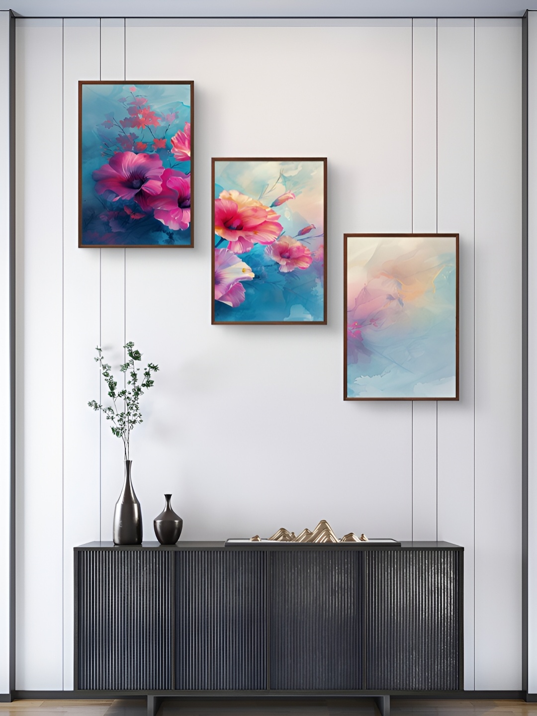 

999Store Blue & Pink 3 Pieces Floral And Botanical Wall Arts