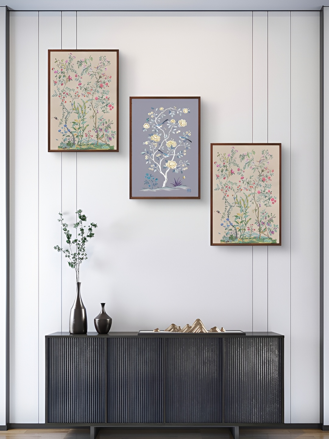 

999Store Cream-Coloured & Grey 3 Pieces Floral and Botanical Painting Wall Arts