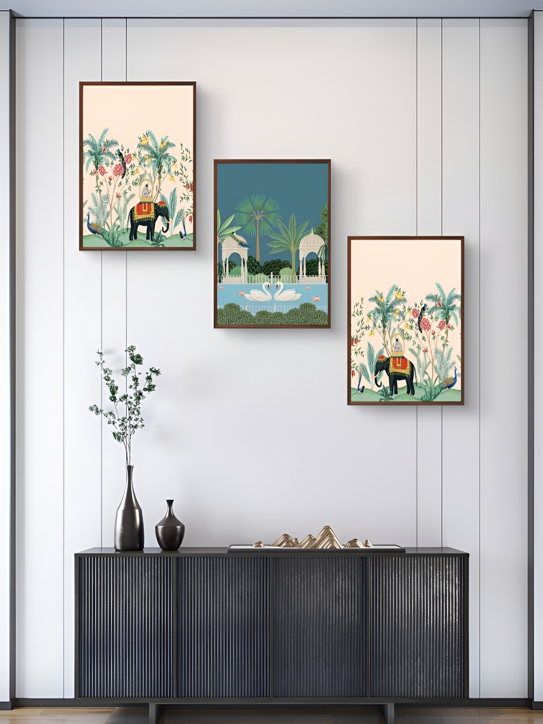 

999Store Green & Cream 3Pcs Birds And Animals Wall Paintings