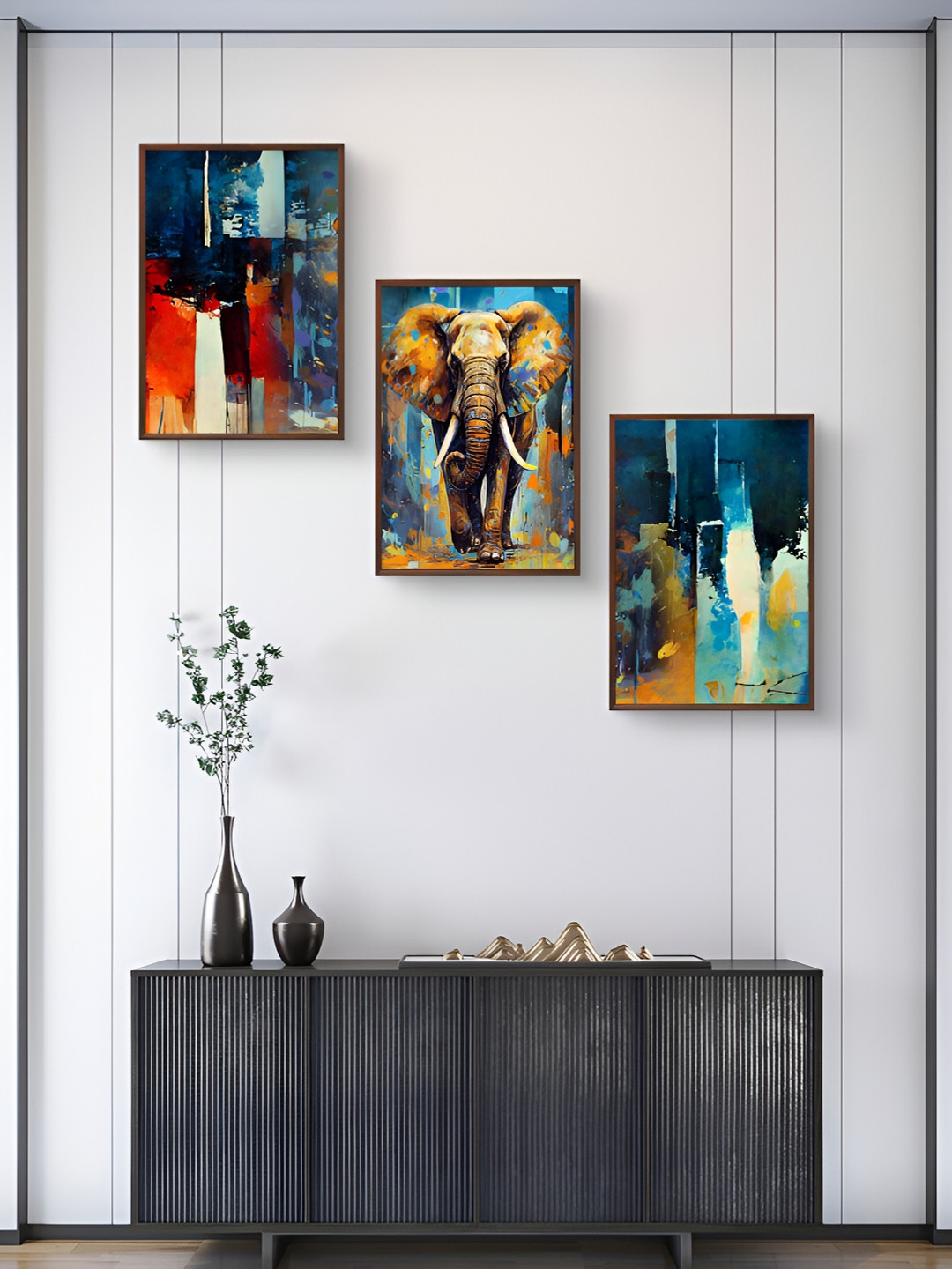 

999Store Blue & Red 3 Pieces Birds And Animals Wall Arts