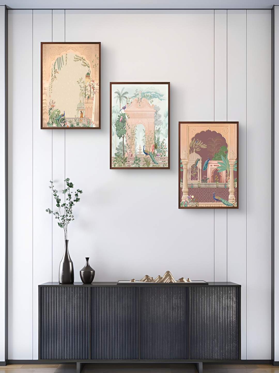 

999Store Beige & Green 3Pcs Birds And Animals Wall Paintings