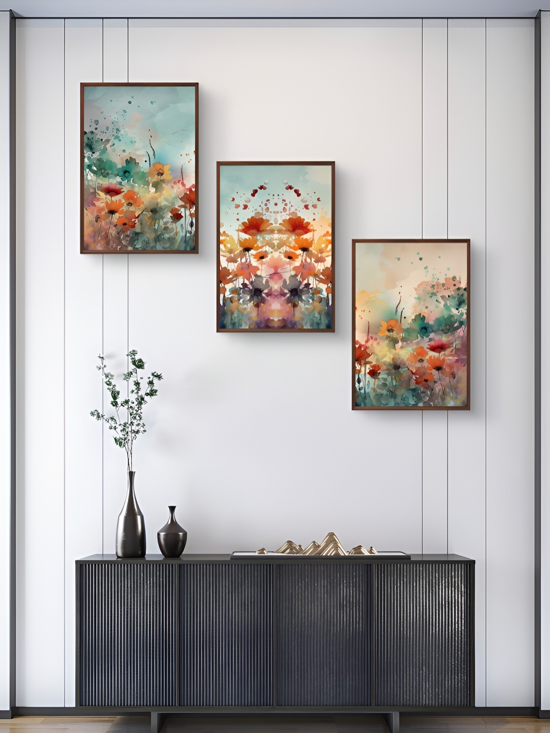 

999Store Brown & Blue 3 Pieces Floral And Botanical Wall Arts