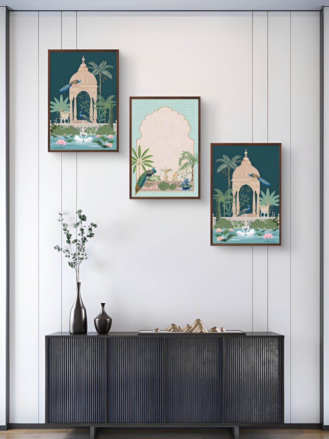 

999Store Green & Beige 3Pcs Birds And Animals Wall Paintings