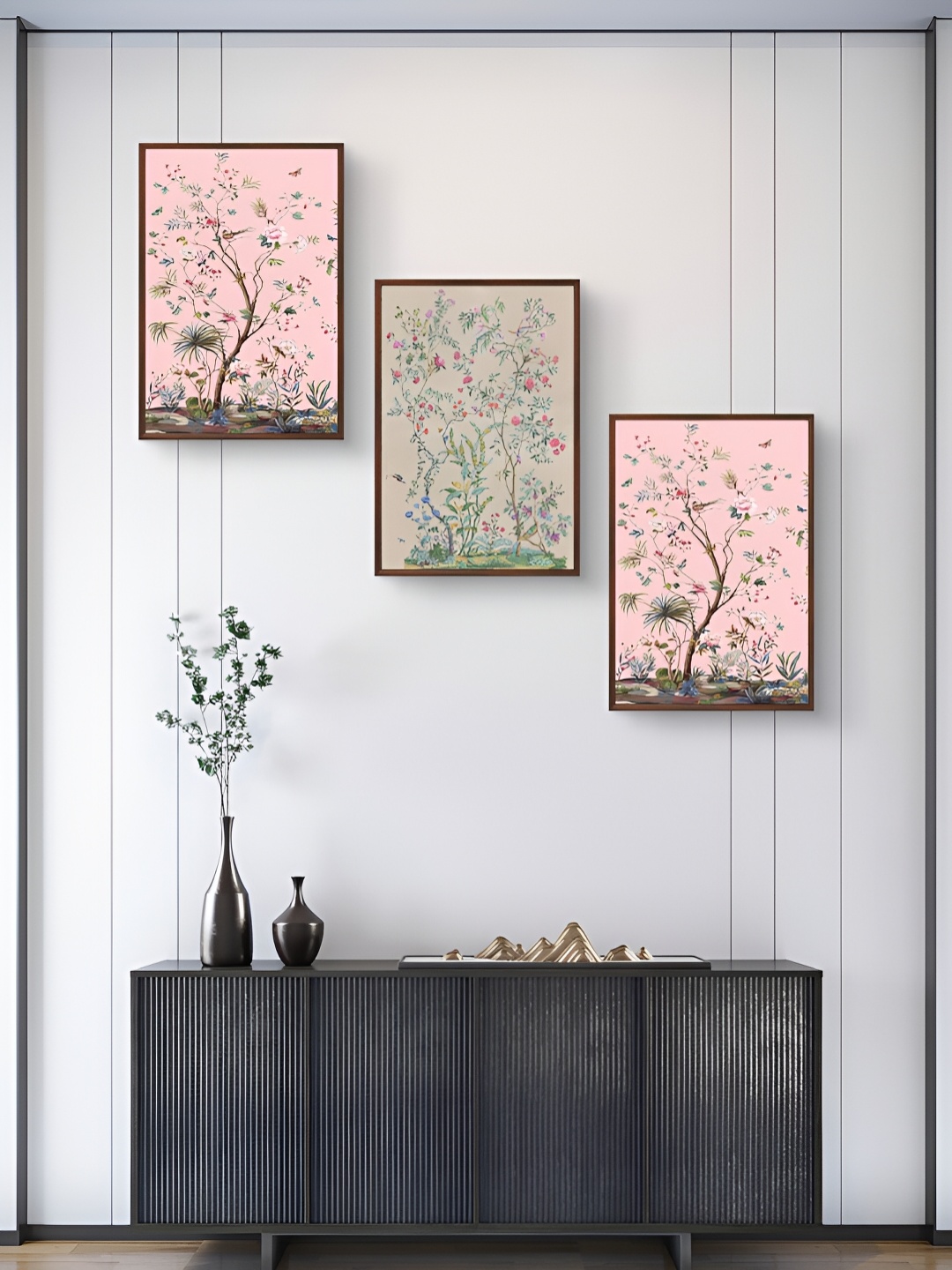 

999Store Pink & Grey 3Pcs Floral And Botanical Wall Paintings