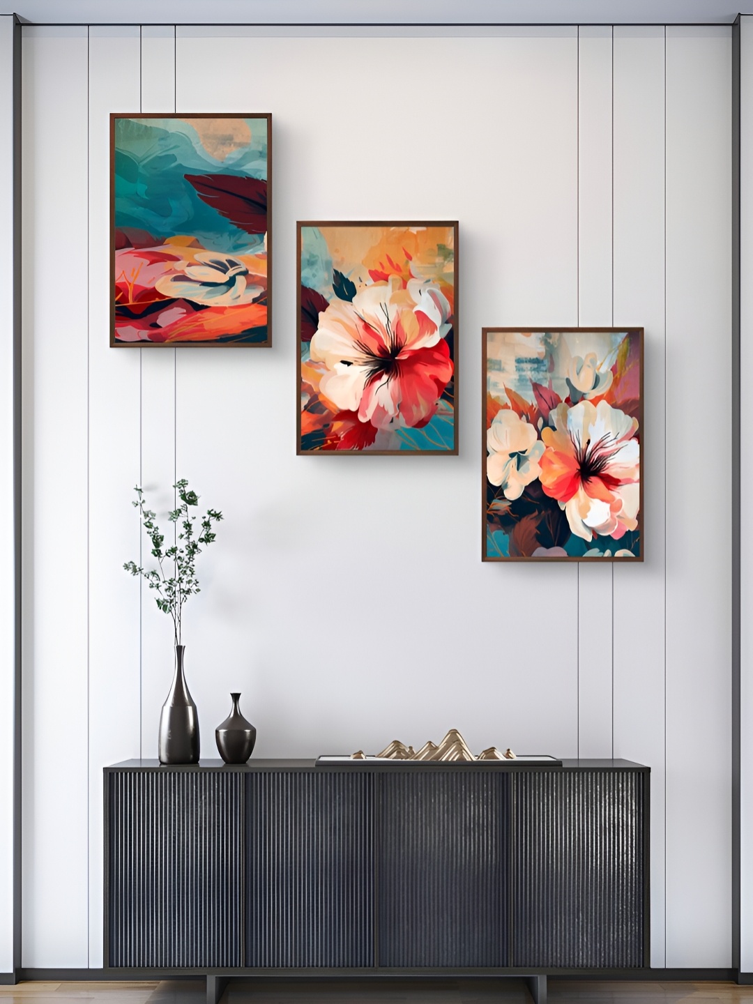 

999Store Blue & White 3Pcs Floral And Botanical Wall Paintings