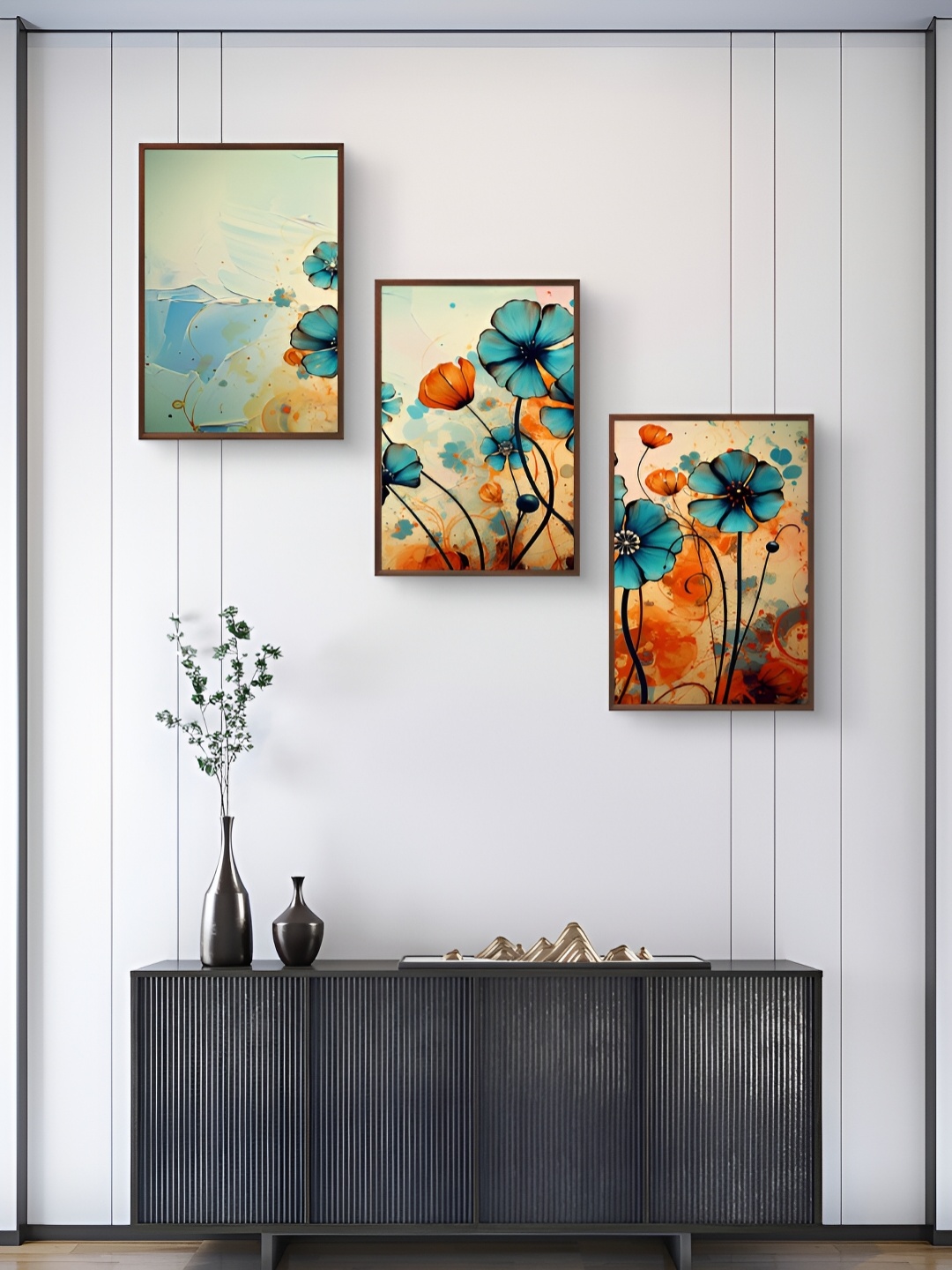 

999Store Blue & Orange 3Pcs Floral And Botanical Wall Paintings