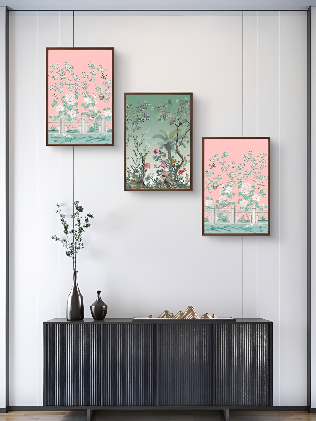 

999Store Pink & Green 3Pcs Floral And Botanical Wall Paintings
