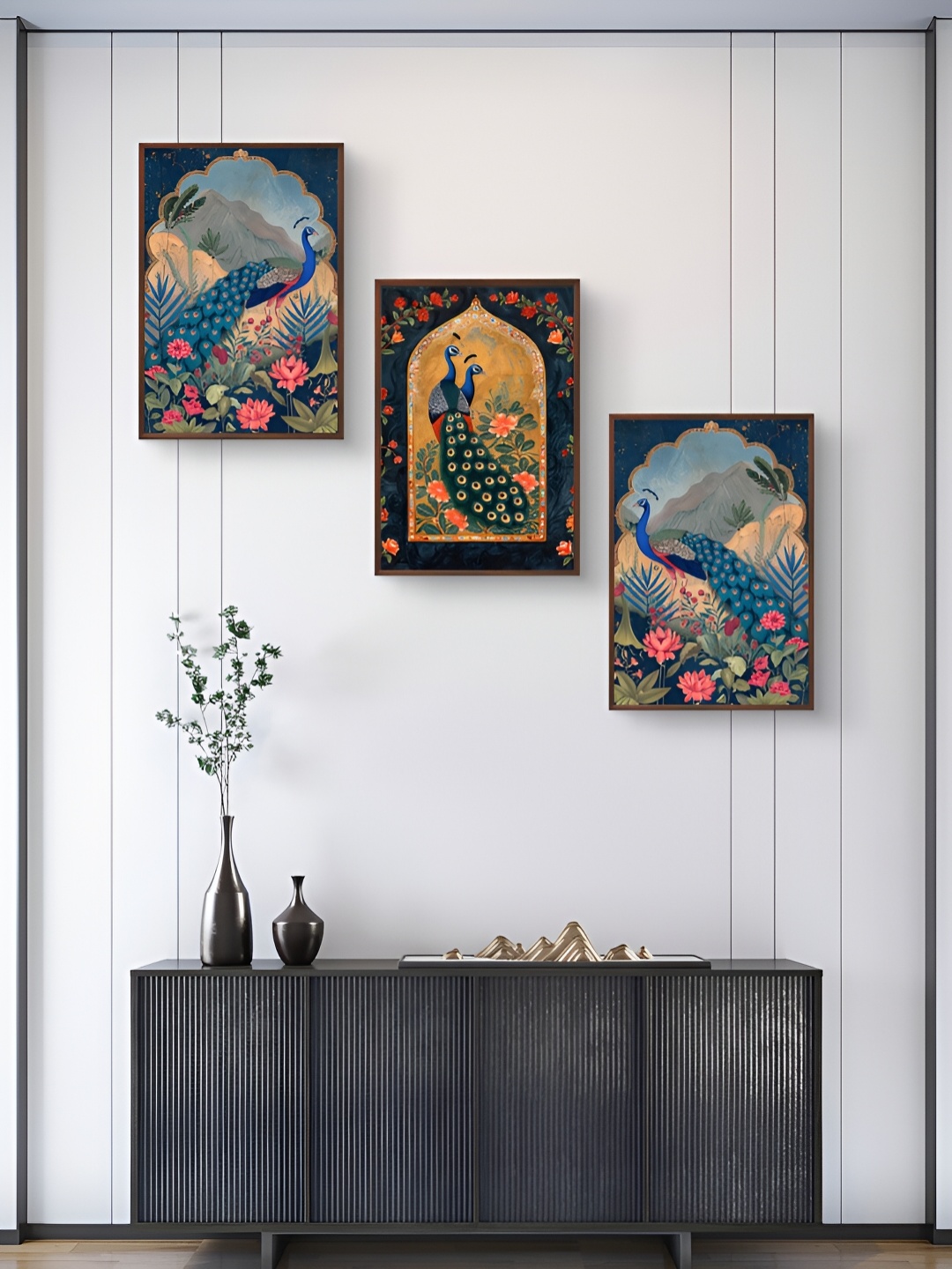 

999Store Blue & Green 3Pcs Birds And Animals Wall Paintings