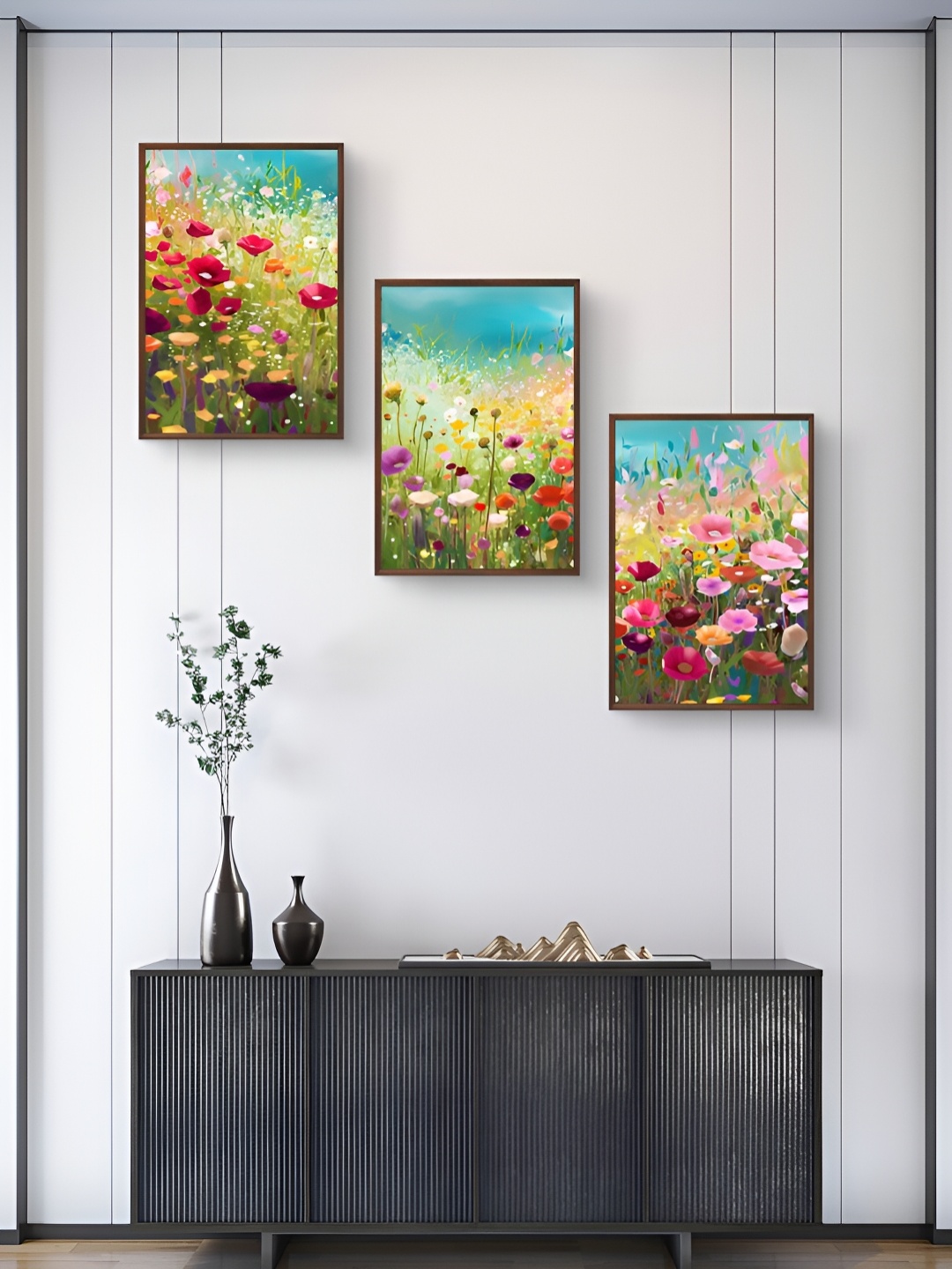 

999Store Green & Red 3Pcs Floral And Botanical Wall Paintings