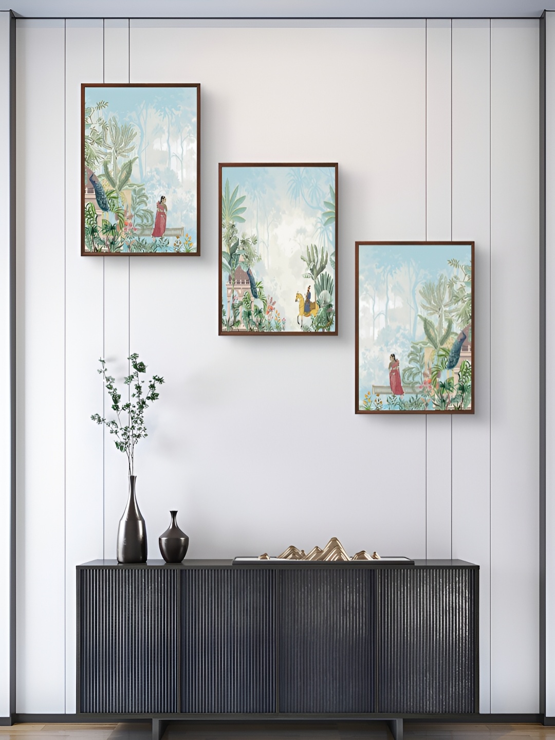 

999Store Blue & Green 3Pcs Birds And Animals Wall Paintings