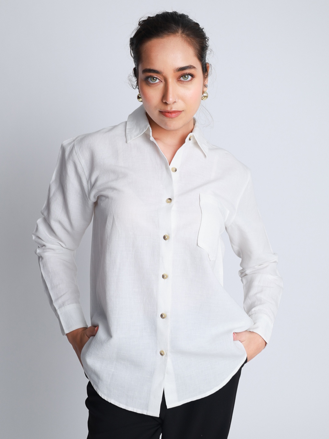 

Strong And Brave Women Premium Oversized Linen Semi Sheer Shirt, White