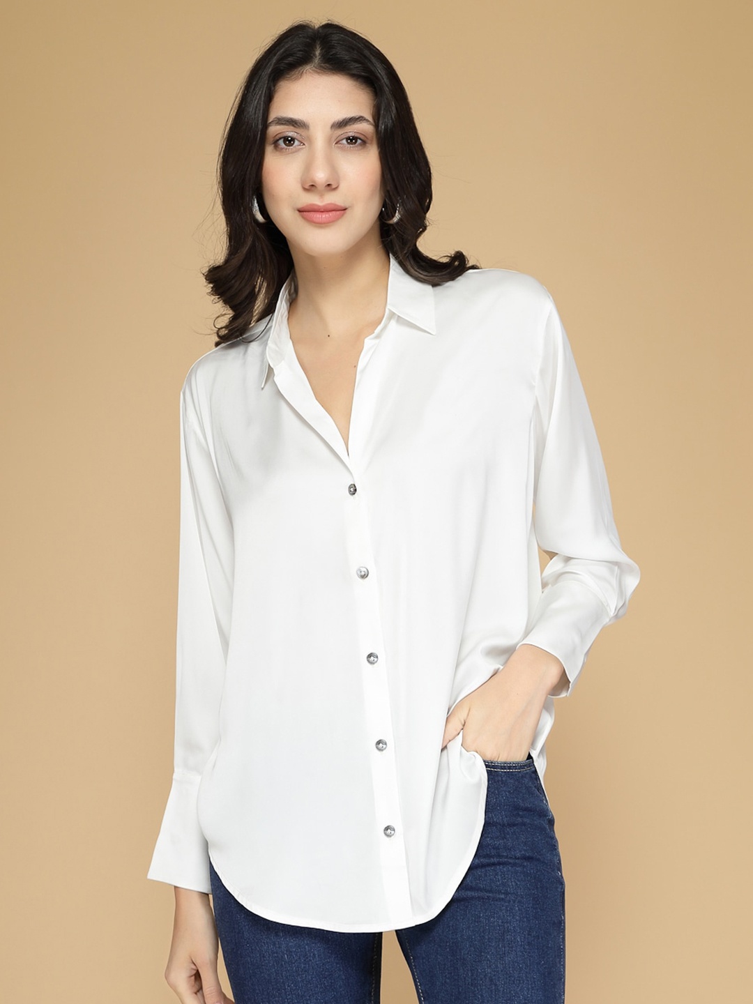 

Strong And Brave Premium Oversized Spread Collar Satin Party Shirt, White