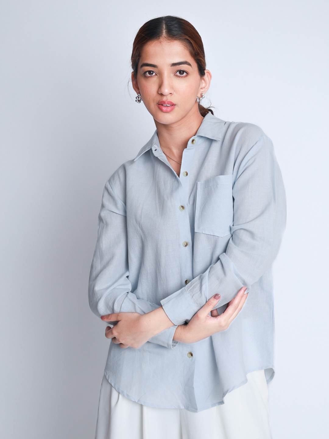 

Strong And Brave Women Premium Oversized Linen Semi Sheer Shirt, Blue