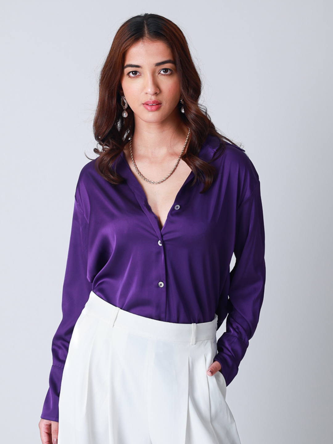 

Strong And Brave Premium Oversized Spread Collar Satin Party Shirt, Purple