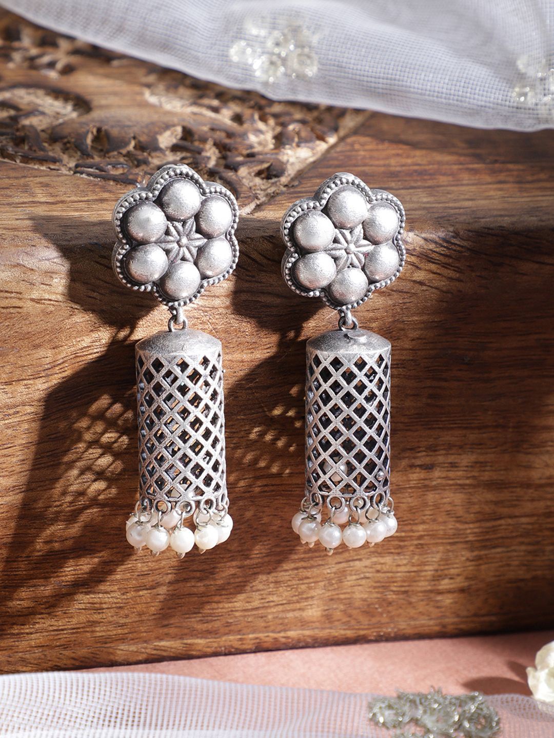 

Rubans Women Oxidised Rhodium Plated Floral Jhumka Earrings, Silver