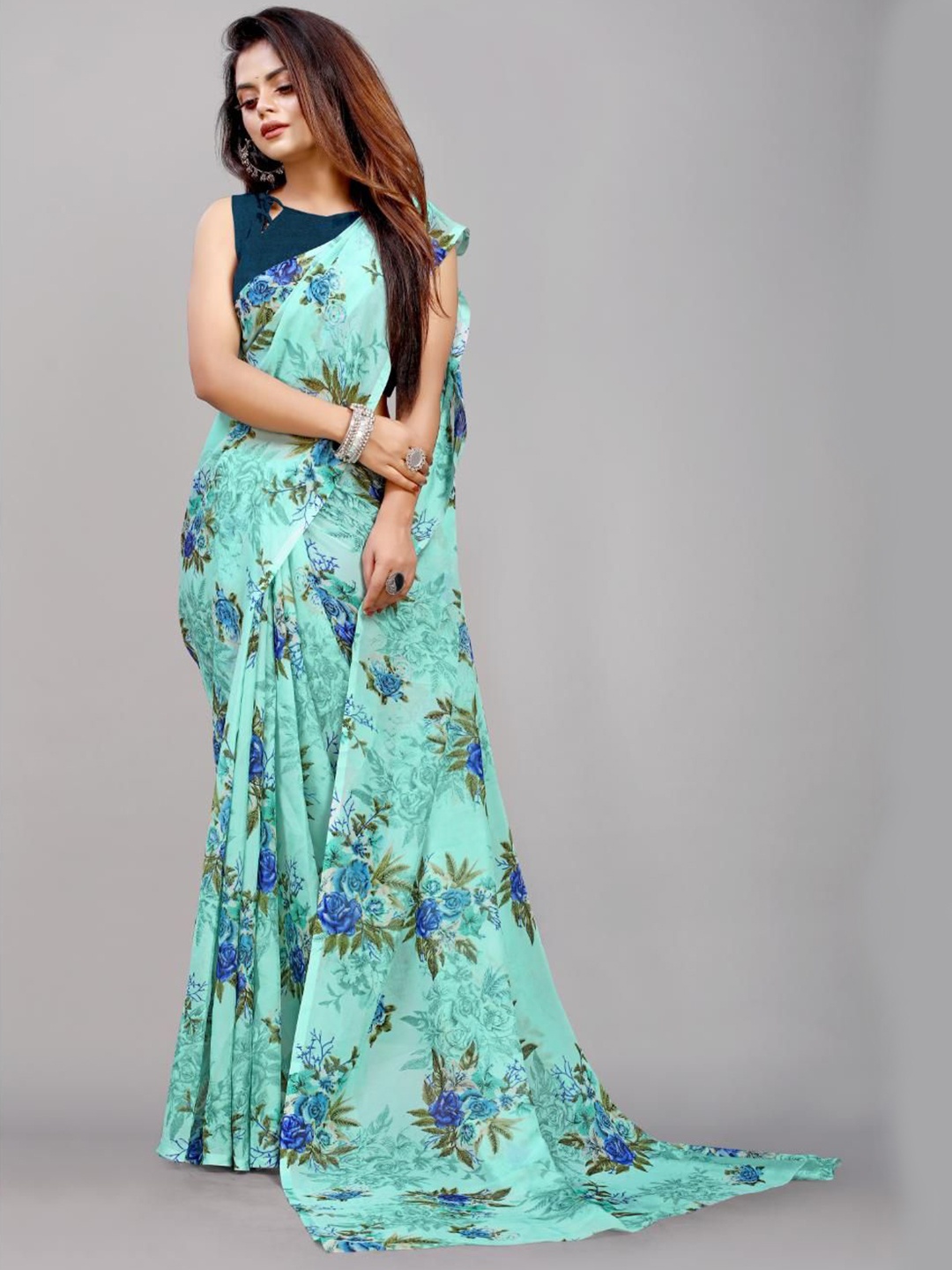 

SM TRENDZ Floral Printed Organza Party Saree, Blue