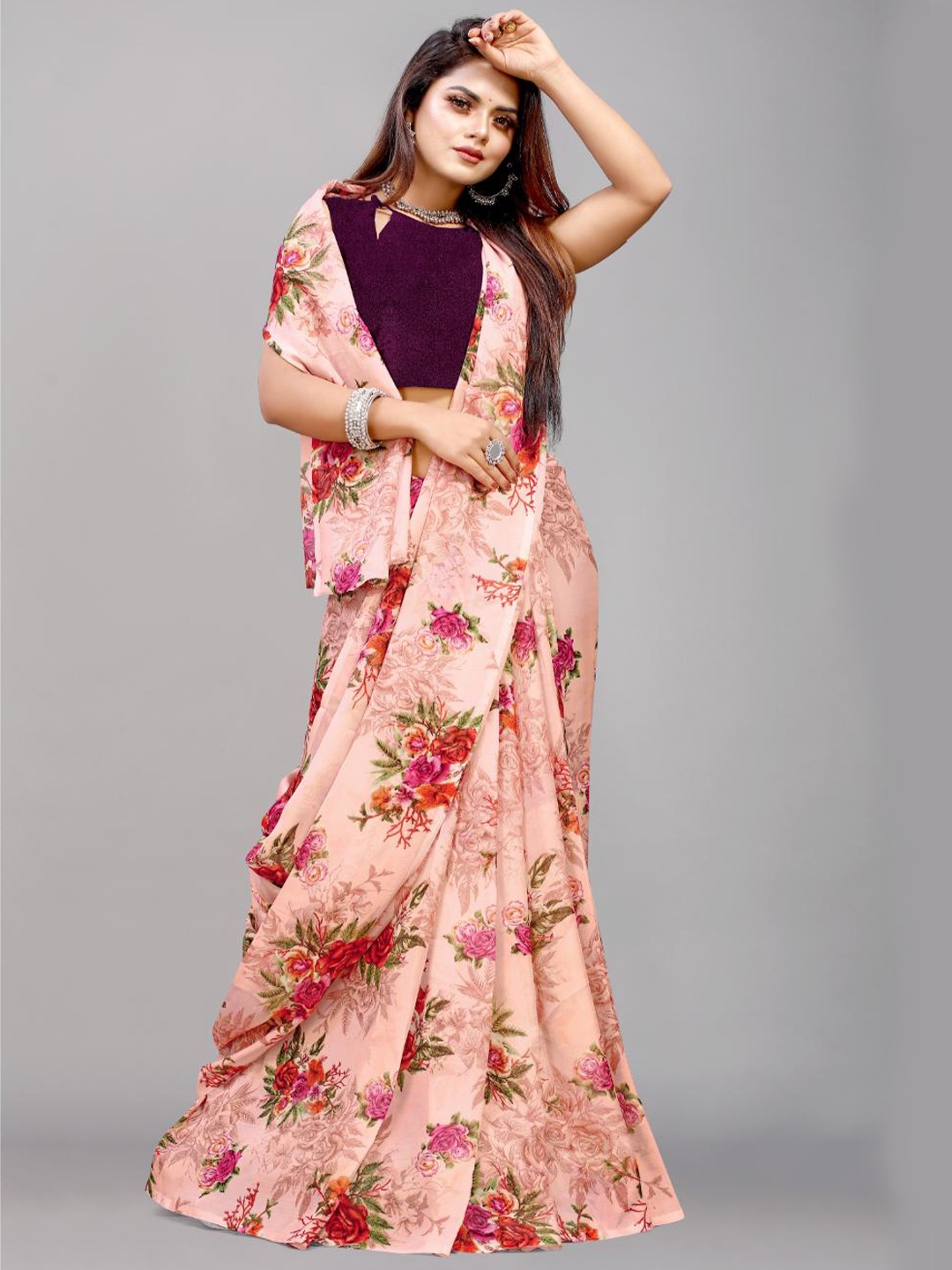 

SM TRENDZ Floral Printed Organza Party Saree, Pink