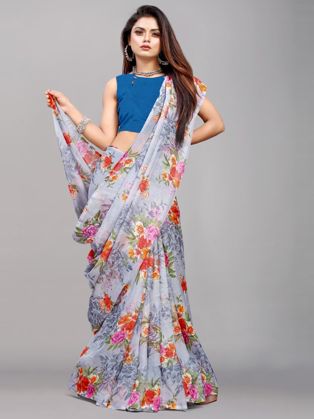 

SM TRENDZ Floral Print Organza Party Saree, Grey