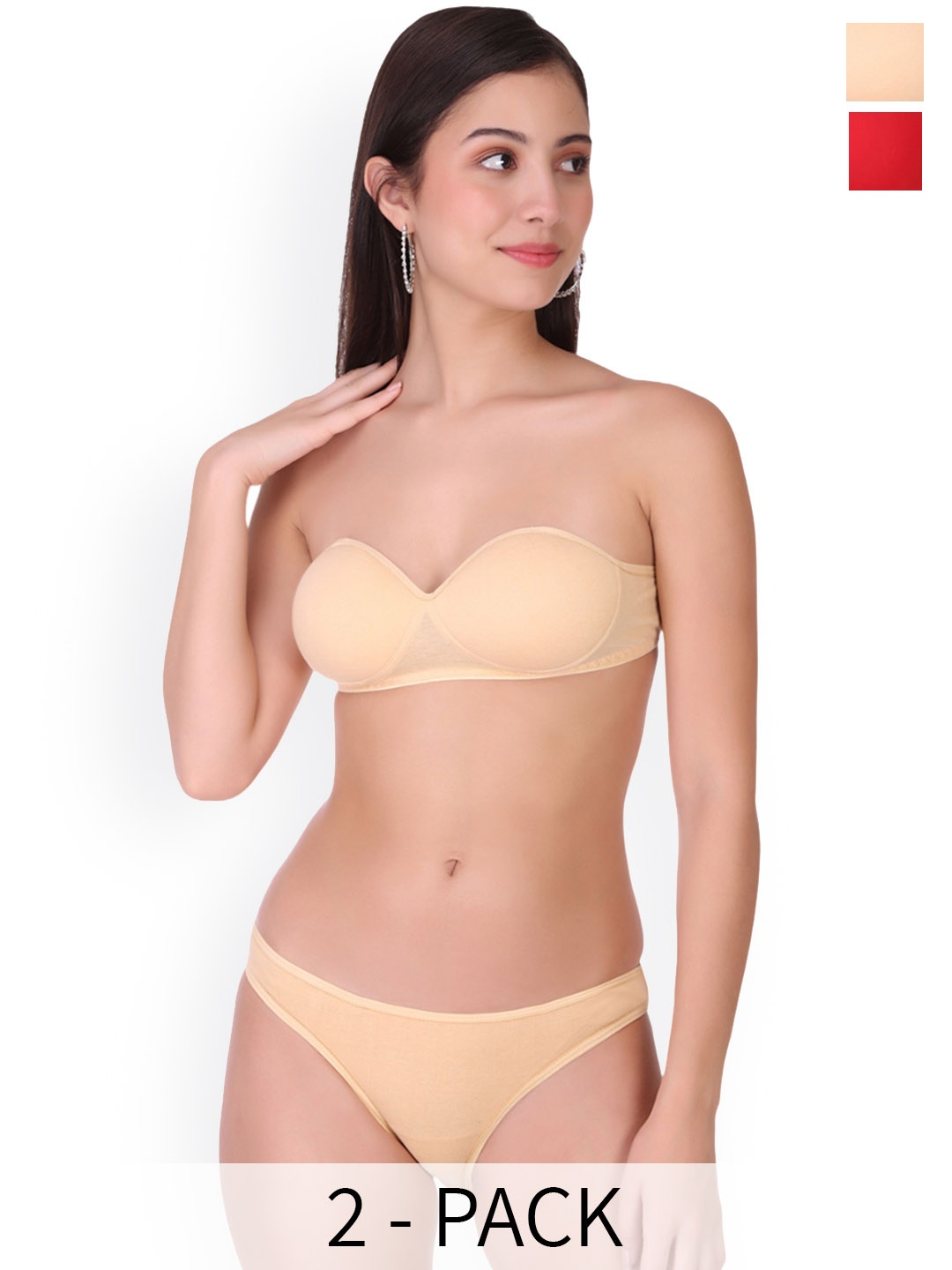 

Selfcare Pack of 2 Solid Cotton Lightly Padded Bra And Panty Lingerie Sets- SN2601, Red