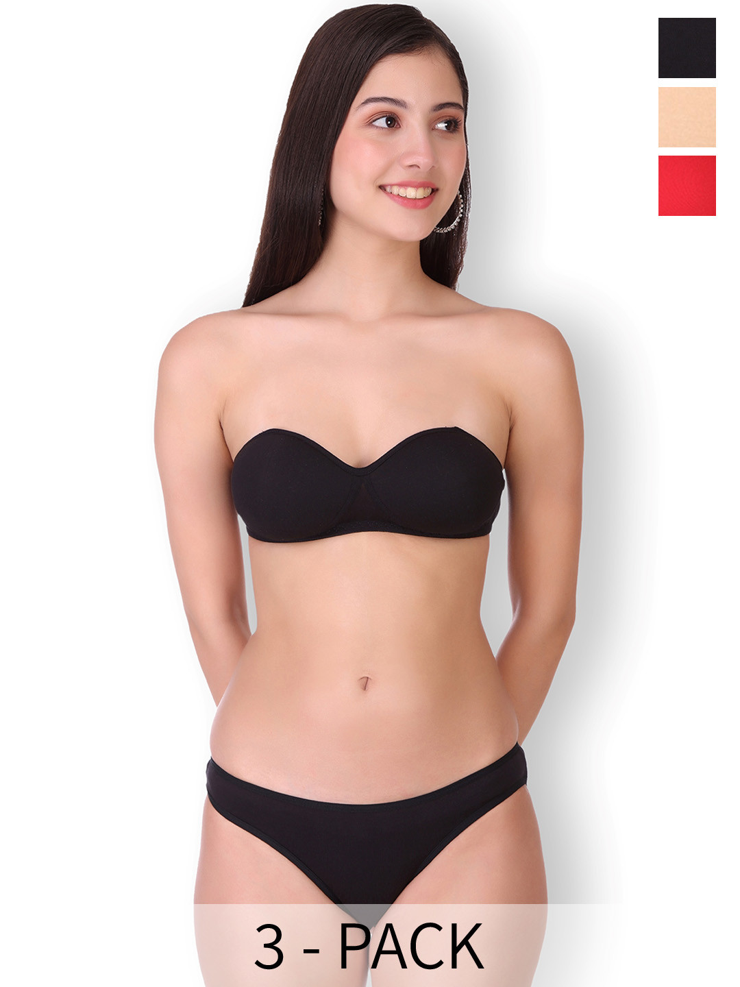 

Selfcare Pack of 3 Solid Cotton Lightly Padded Bra And Panty Lingerie Sets, Beige
