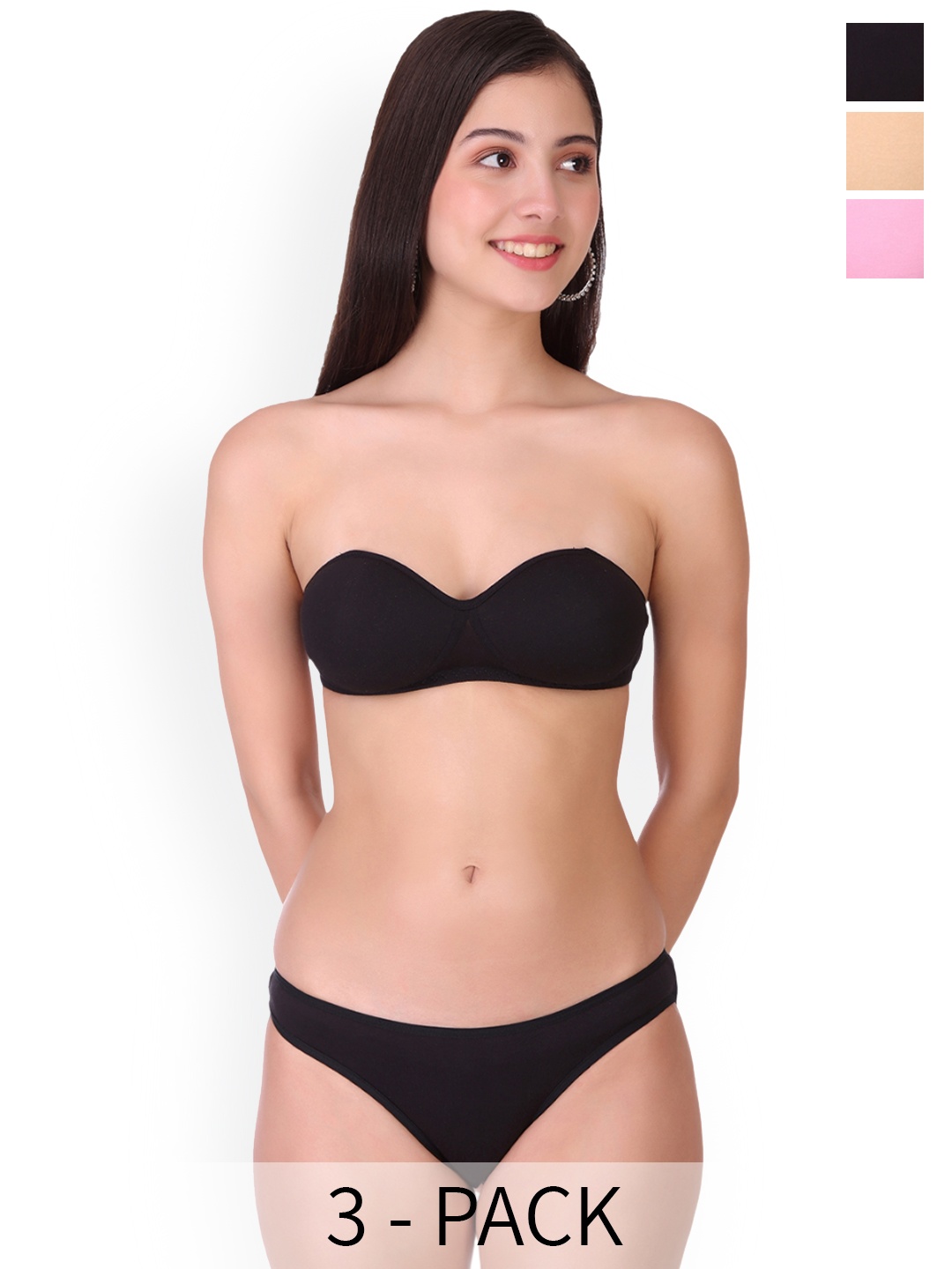 

Selfcare Pack of 3 Solid Cotton Lightly Padded Bra And Panty Lingerie Set, Pink