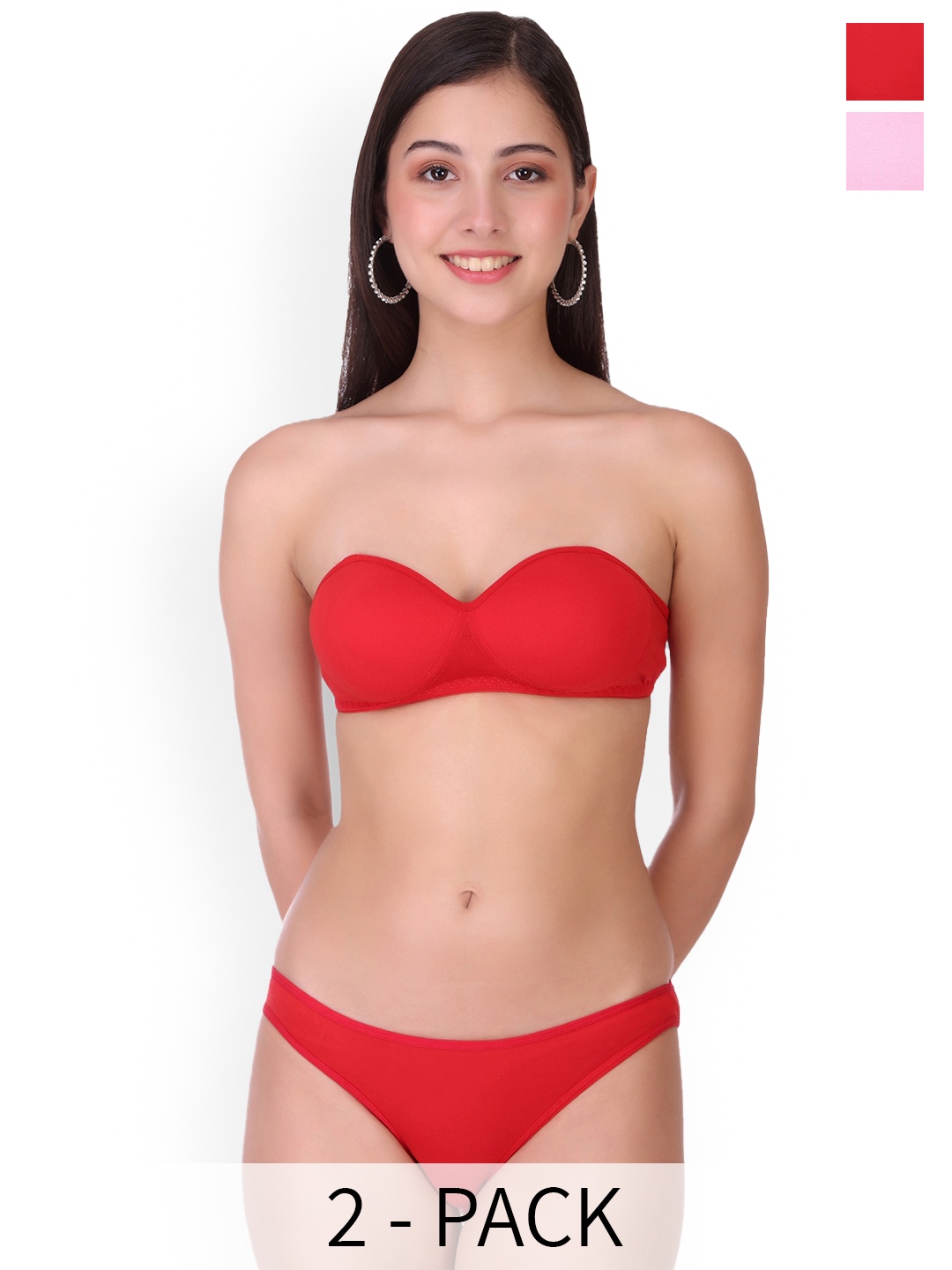 

Selfcare Pack of 2 Solid Cotton Lightly Padded Bra And Panty Lingerie Set- SN2600, Red