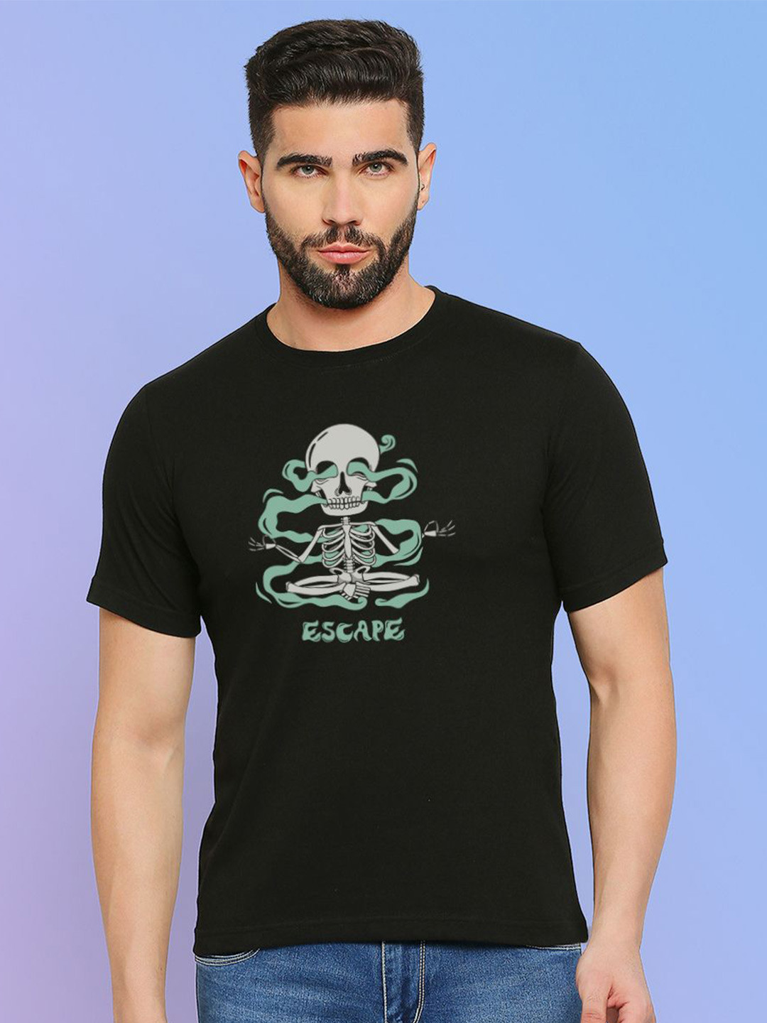 

MOD ECRU Unisex Printed Round Neck Cotton T-shirt, Black