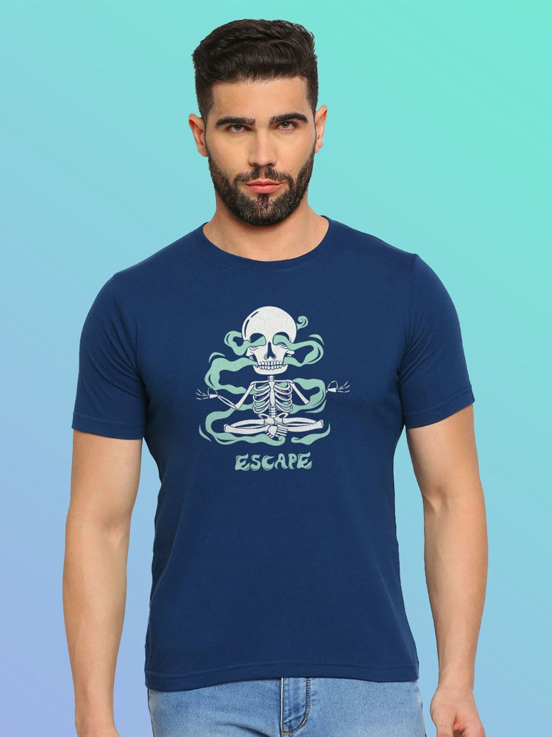 

MOD ECRU Unisex Printed Round Neck Cotton T-shirt, Blue