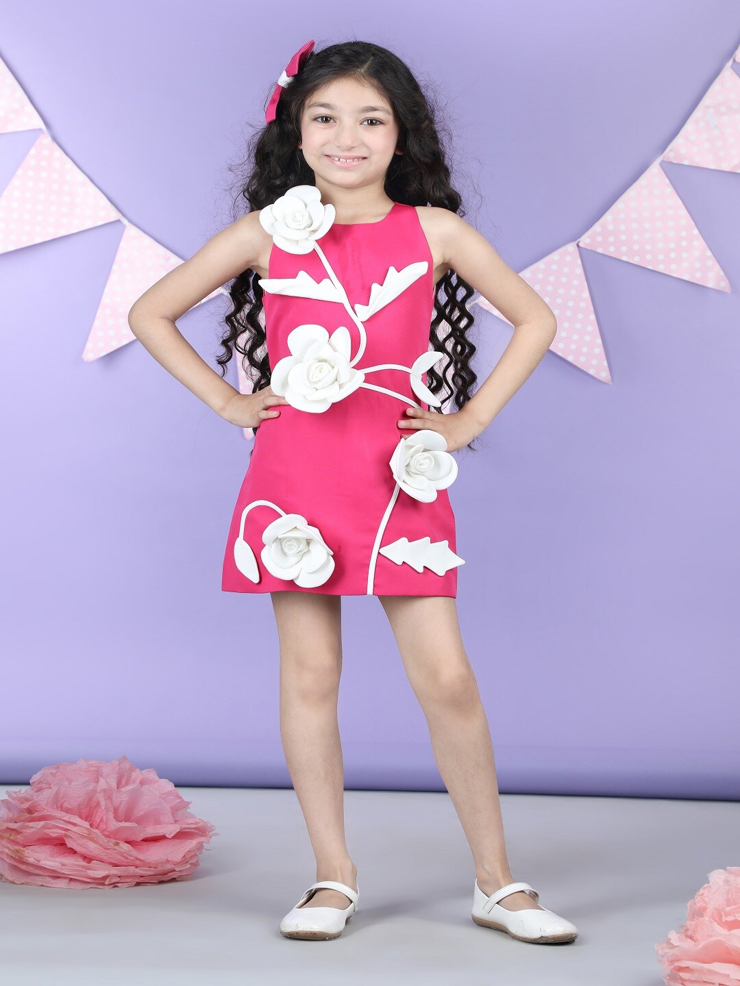 

THE LITTLE CELEBS Girls Floral Embellished Crepe Mini A-Line Dress With Bow, Pink