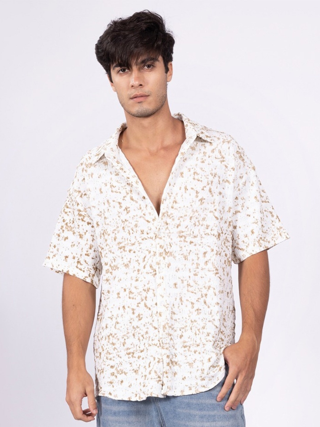 

DIMEH Comfort Relaxed Fit Abstract Printed Spread Collar Shirt, White
