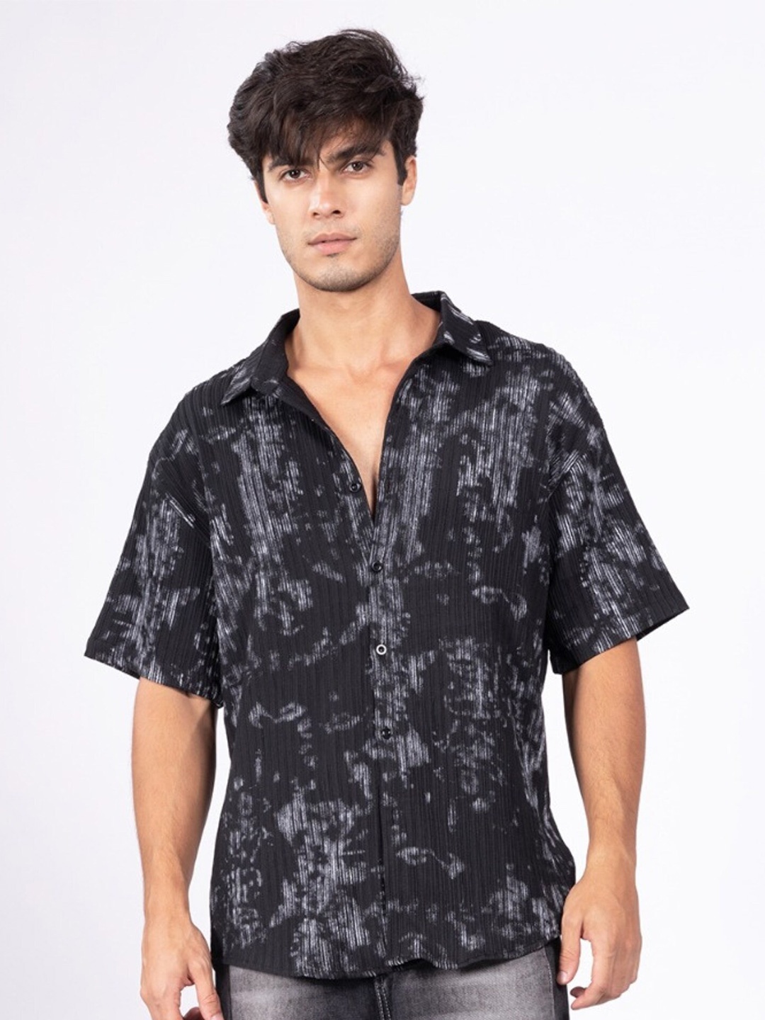 

DIMEH Comfort Relaxed Fit Abstract Printed Spread Collar Shirt, Black