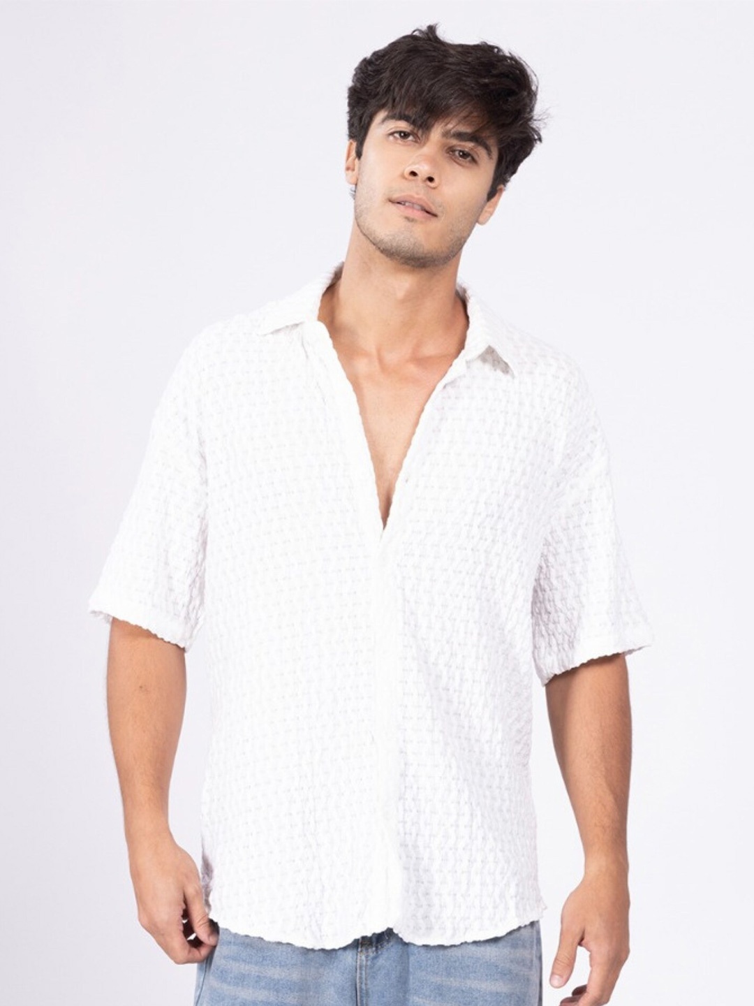 

DIMEH Comfort Relaxed Fit Self Design Spread Collar Shirt, White